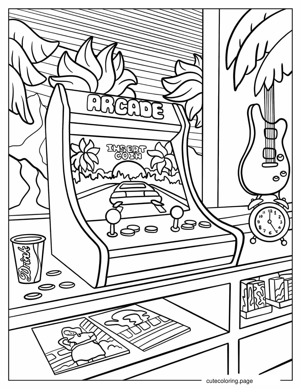 80s Arcade Beside An Electric Guitar And Clock Coloring Page coloring page