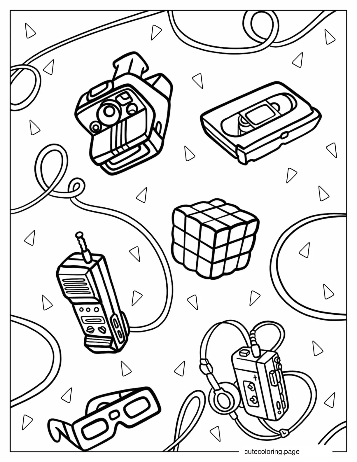 80s Walkman Rubik_s Cube Mixtape Polaroid And Telephone Coloring Sheet coloring page