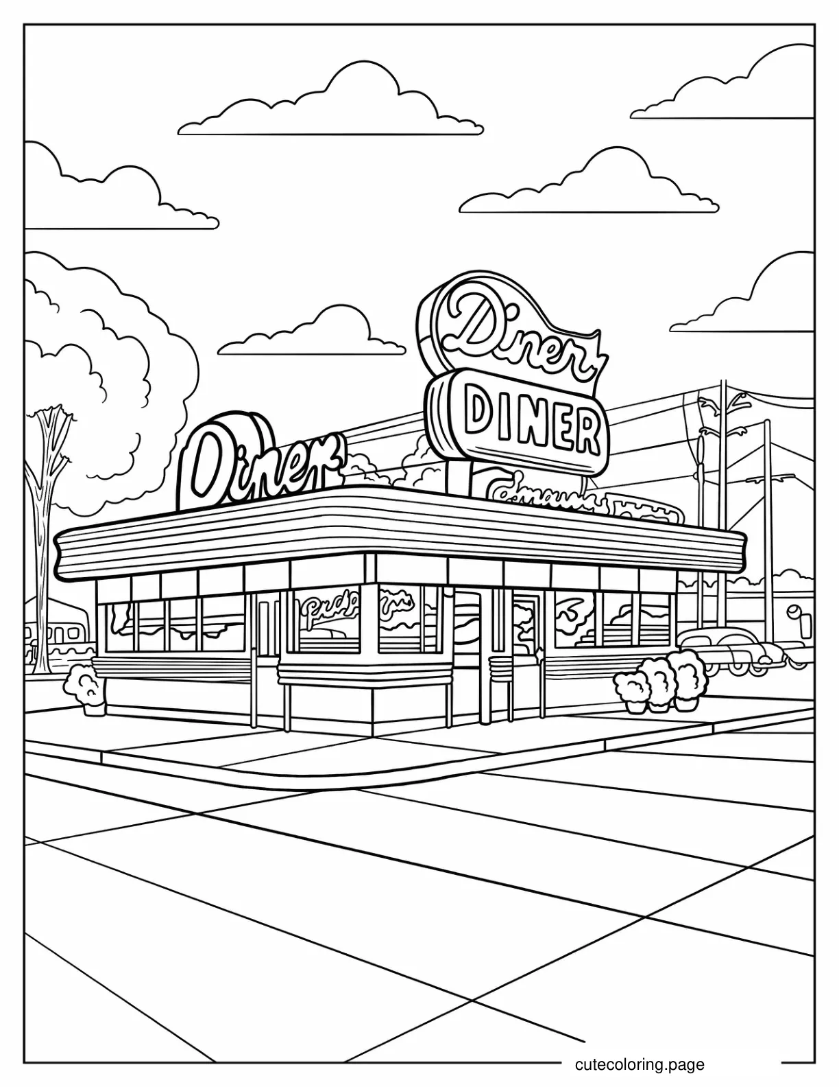 Detailed 80s Retro Diner Coloring Page coloring page