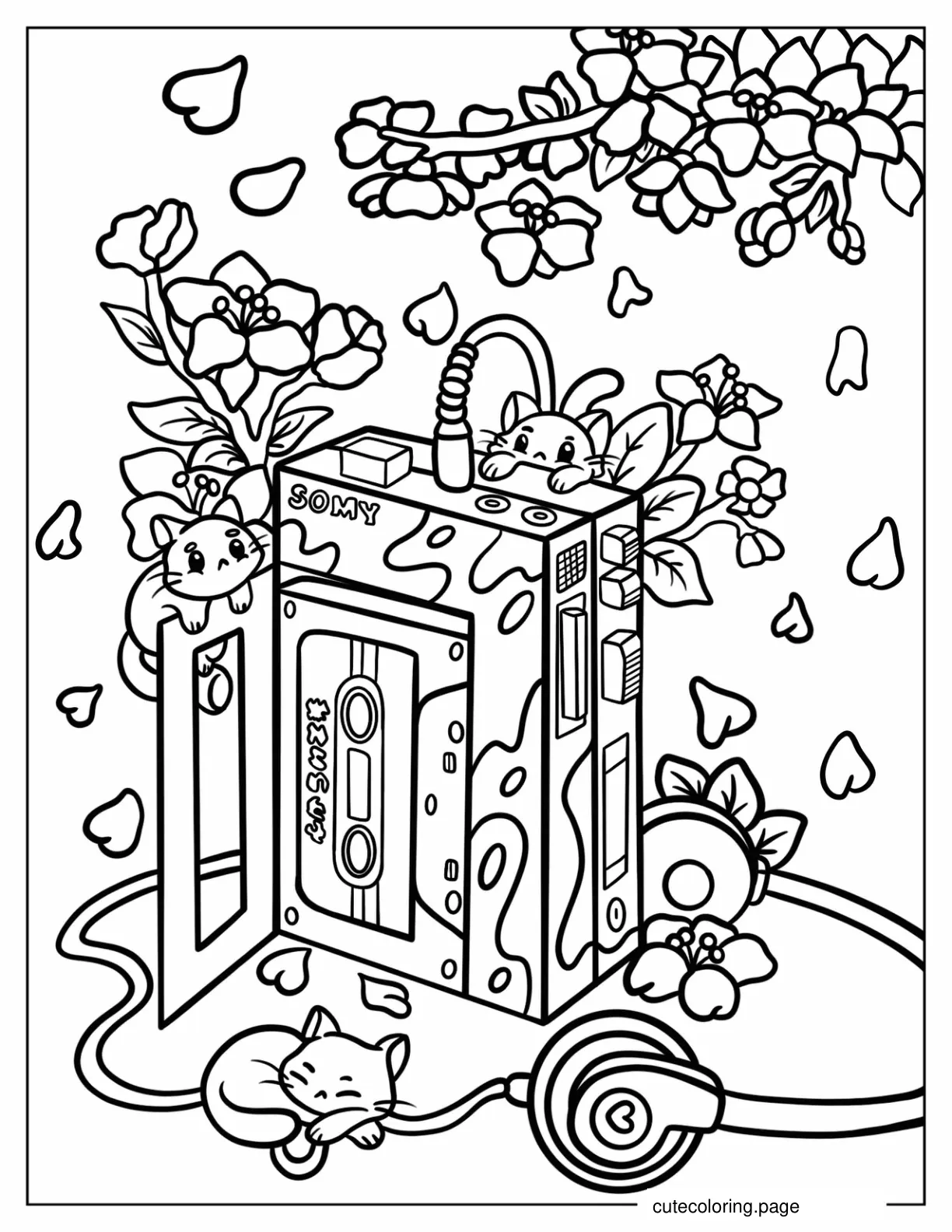 Kawaii Walkman With Cartoon Insects Coloring Page For Kids coloring page