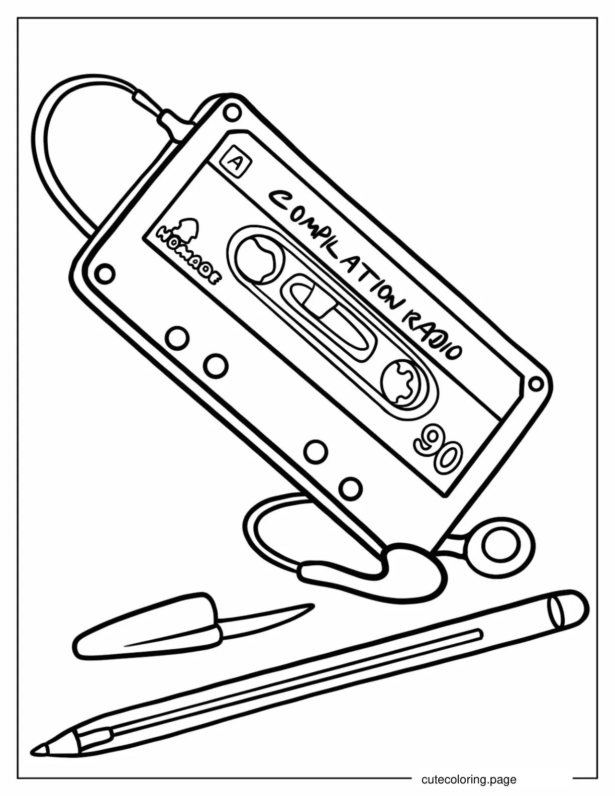 Simple Mixtape With Earphones And Pen Coloring Sheet coloring page