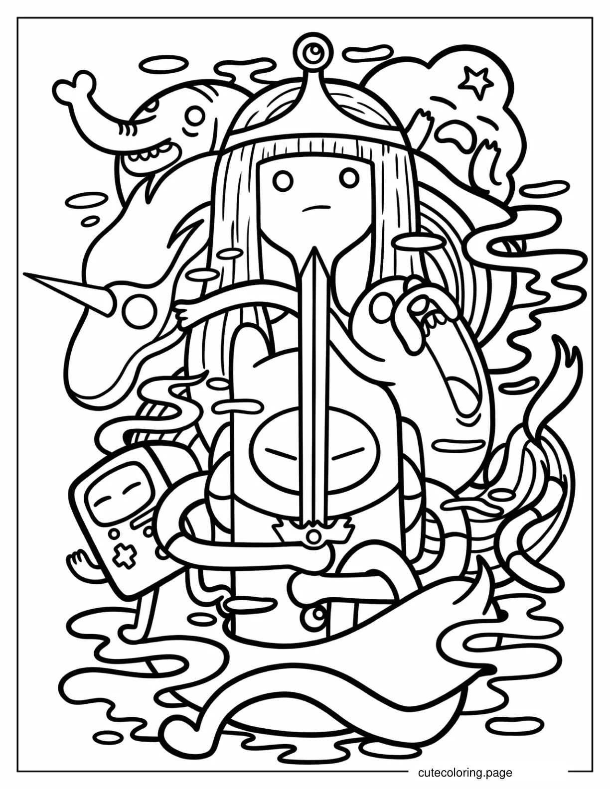 Adventure Time Princess Bubblegum With Finn Holding Sword coloring page