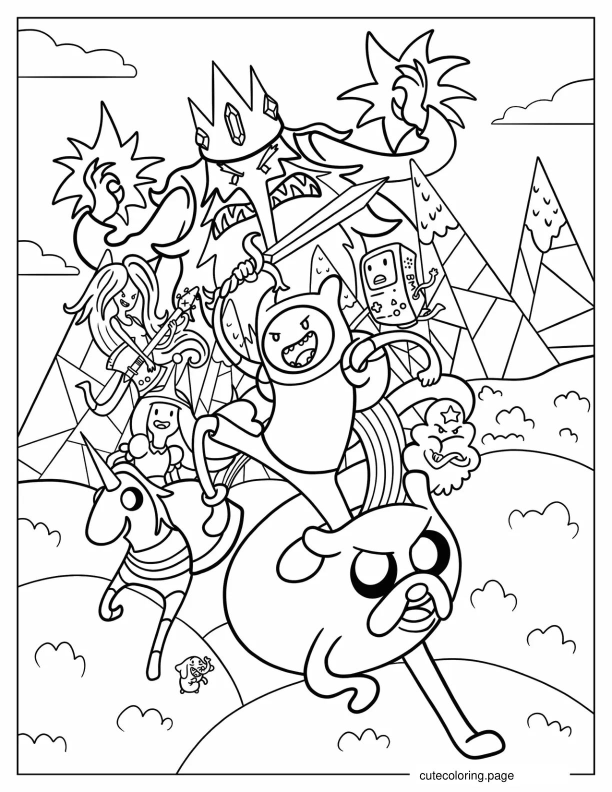 Finn Holding Sword On Jake With Ice King In Background coloring page