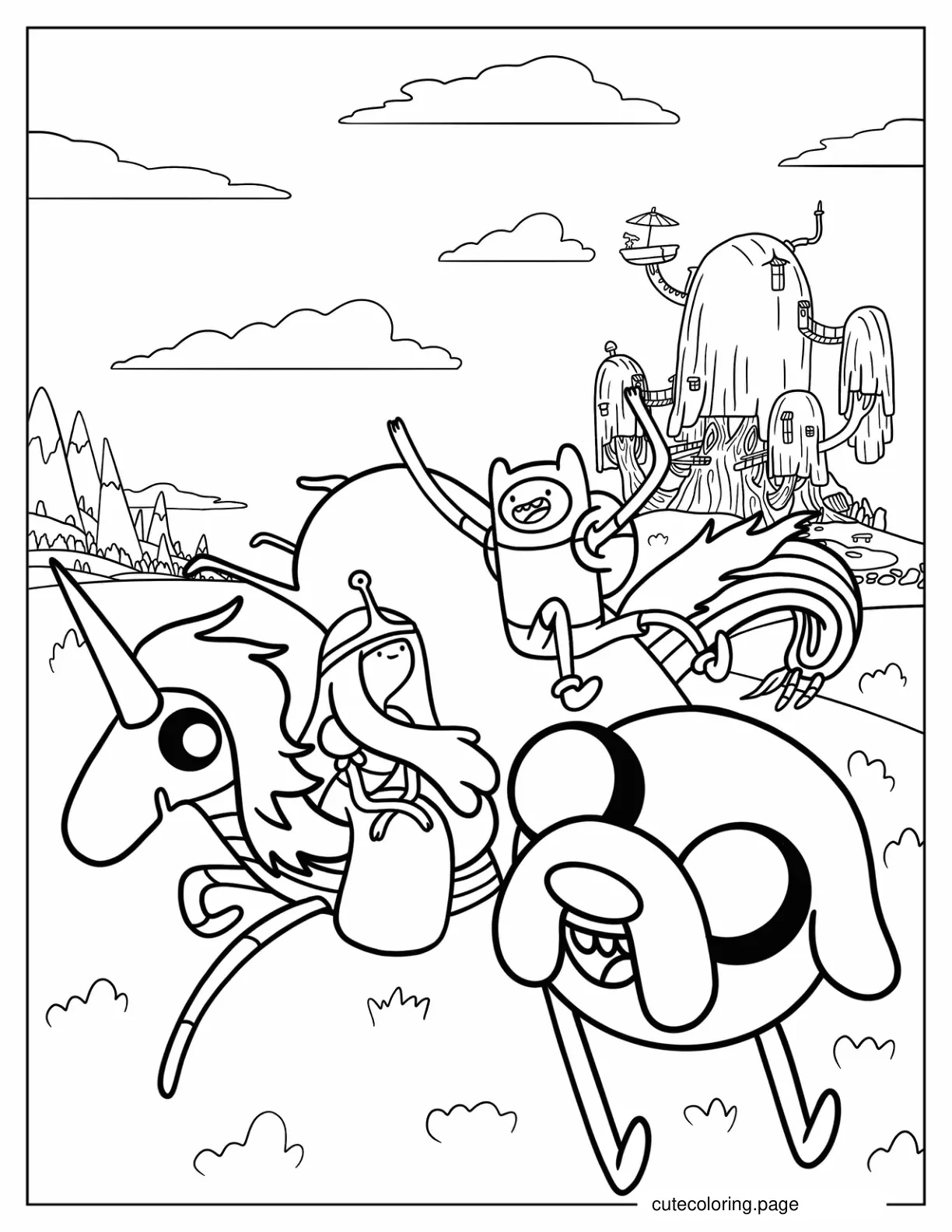 Princess Bubblegum On Lady Unicorn And Finn On Jake Coloring Page coloring page