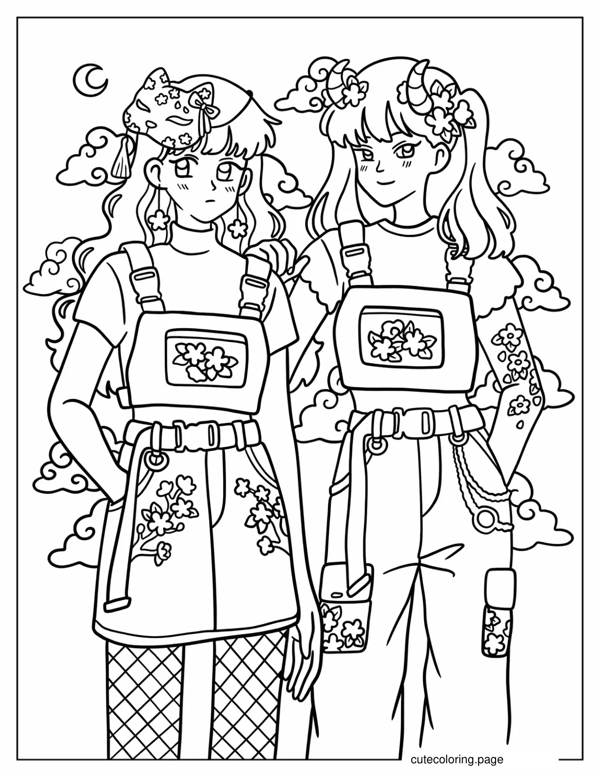 90_s Anime Girls In Overalls Retro Aesthetic Coloring Page For Kids coloring page