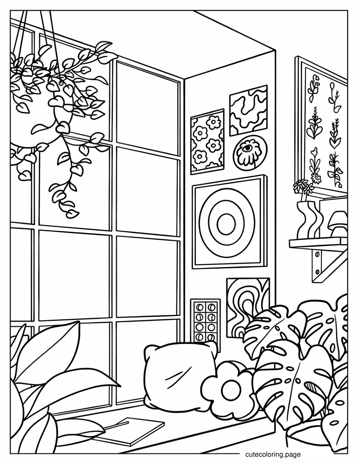 Bay Window With Plants And Paintings Bohemian Aesthetic Coloring Sheet coloring page