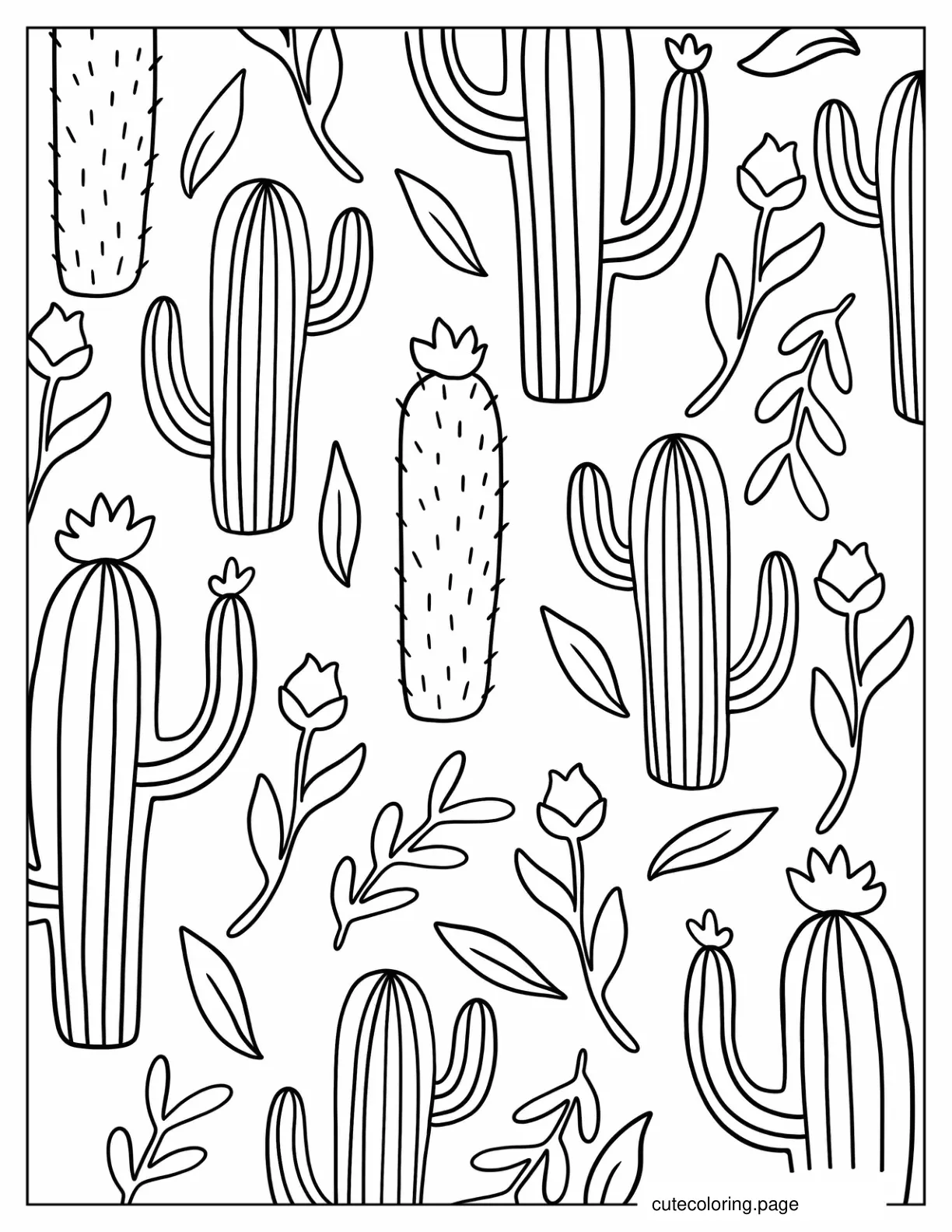 Cactus And Flowers Boho Aesthetic Coloring Sheet coloring page