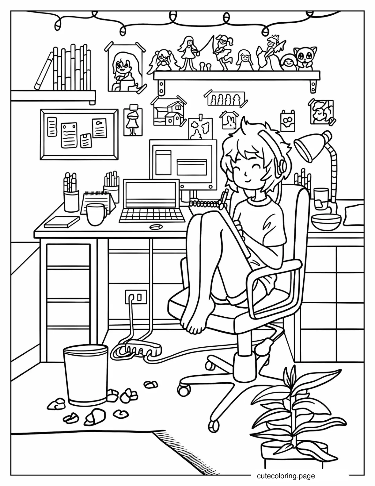 Cartoon Girl Studying Retro Lo Fi Aesthetic Coloring Page coloring page