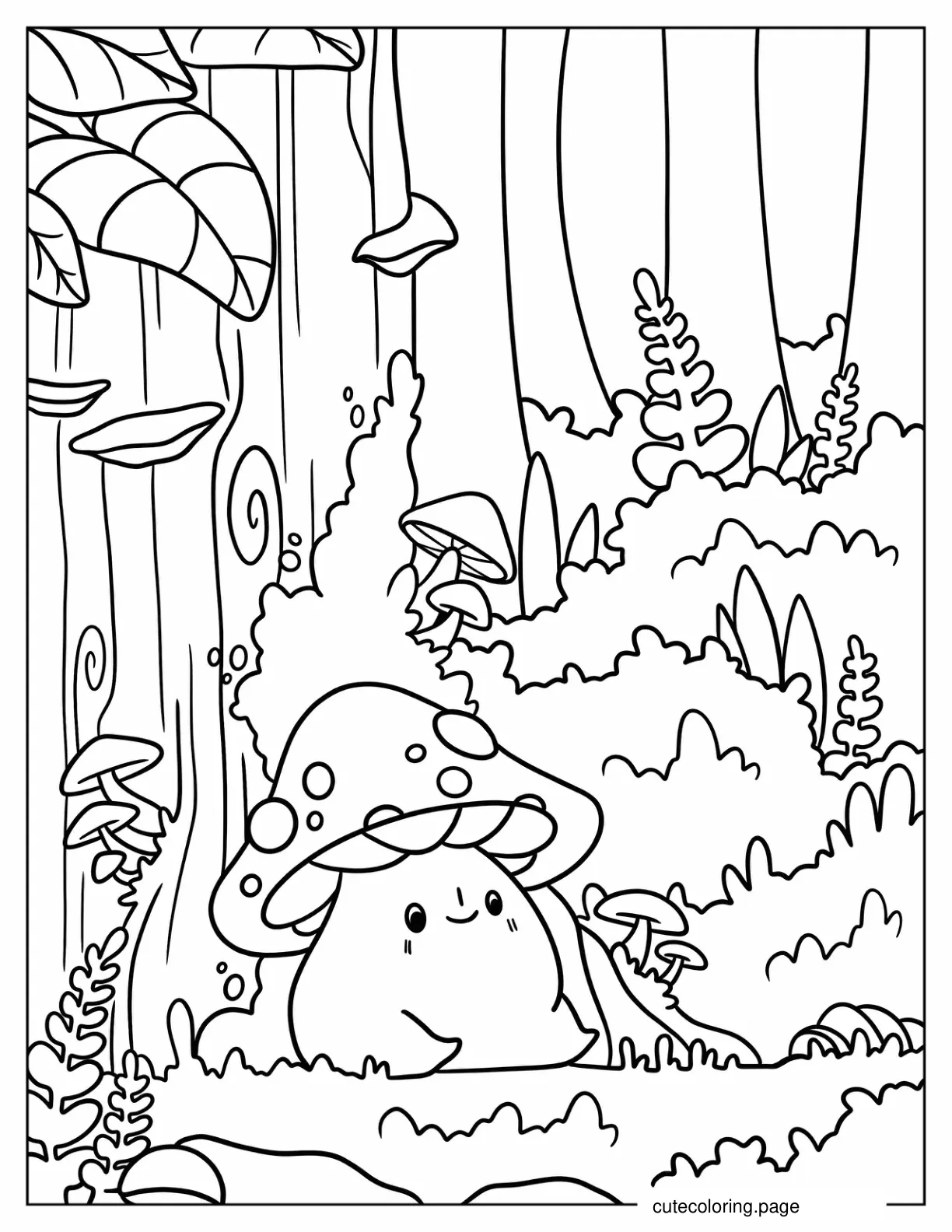 Cartoon Mushroom Sitting Below Tree Fantasy World Aesthetic coloring page