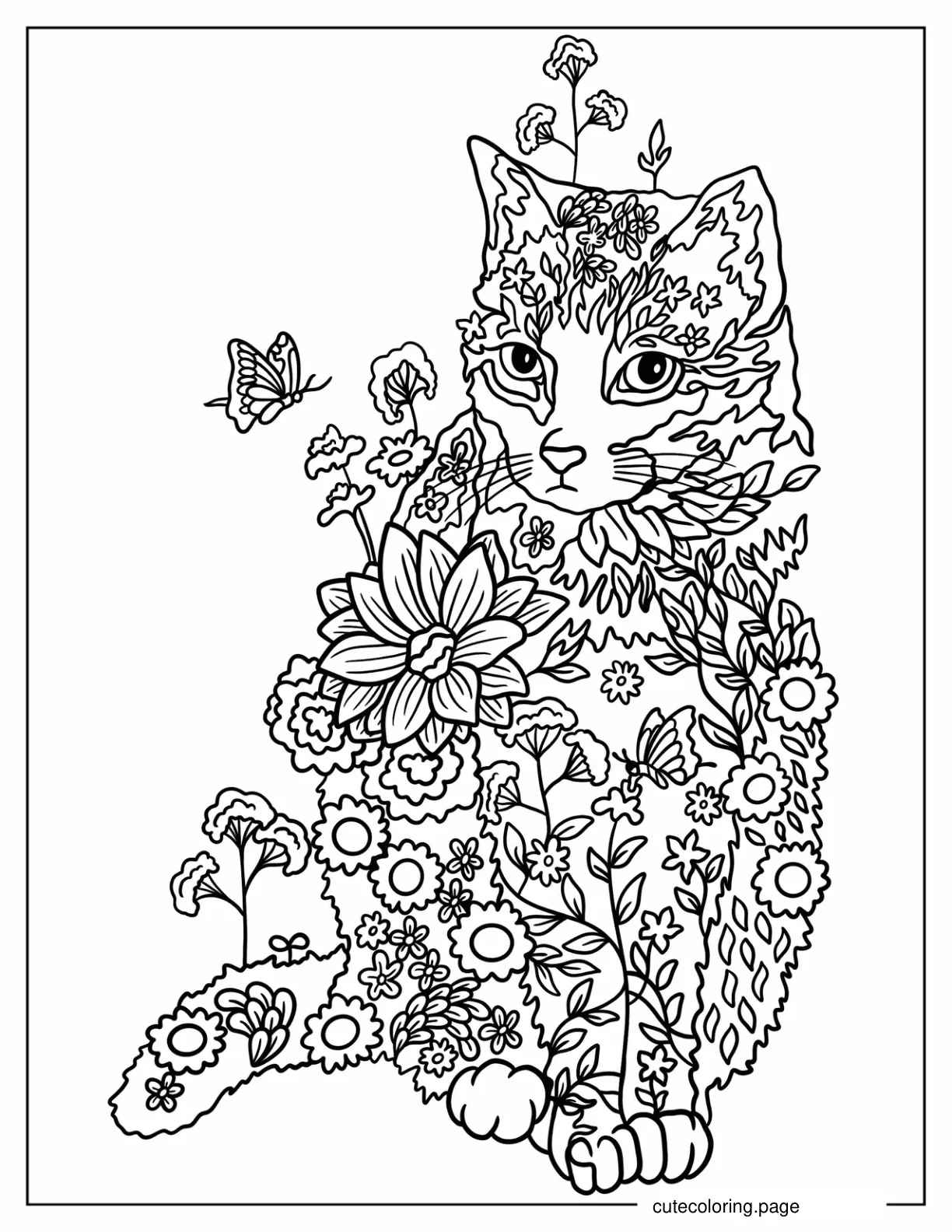 Cat Made Of Flowers Cute And Warm Aesthtic coloring page