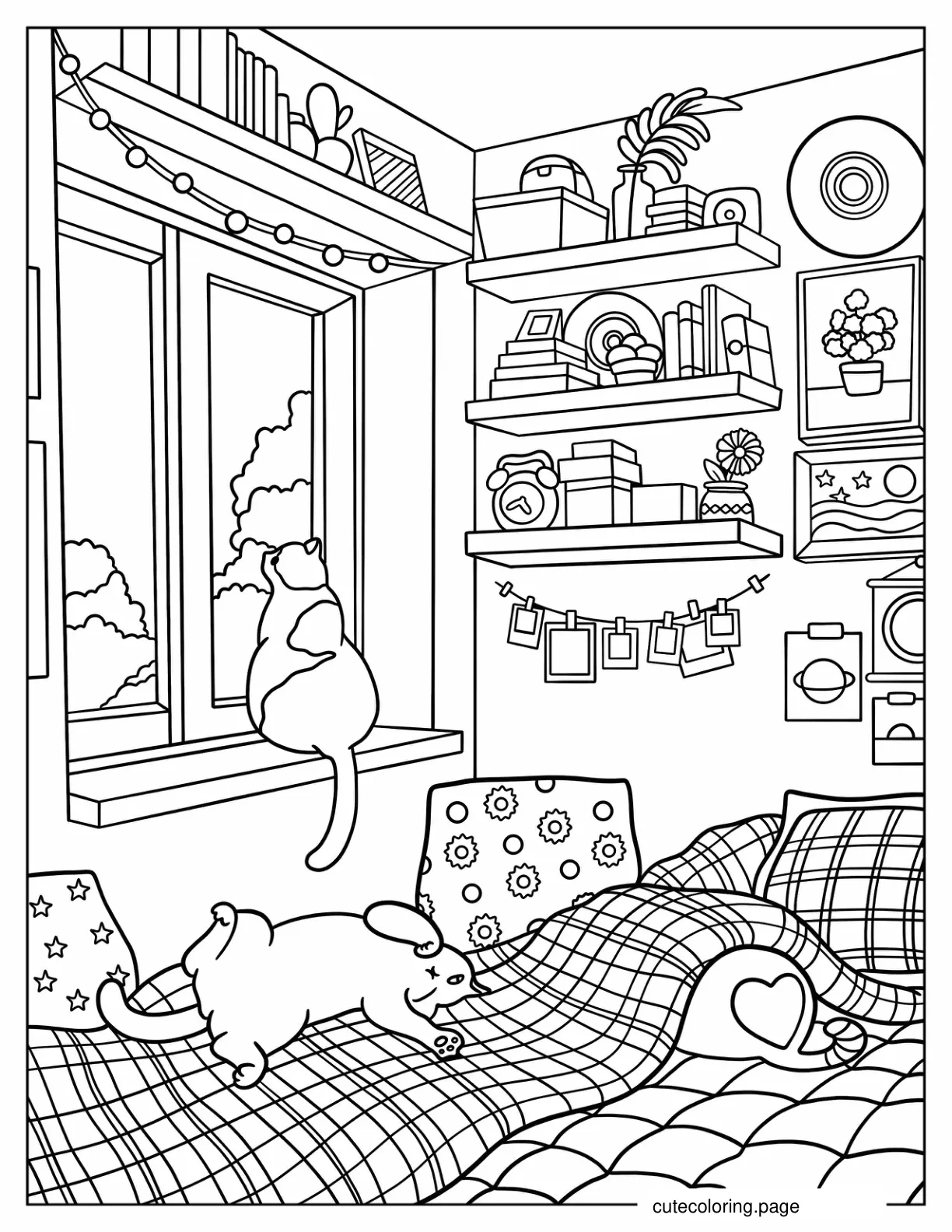 Cat Sitting By The Window Of Cozy Bedroom Slice Of Life Aesthetic coloring page