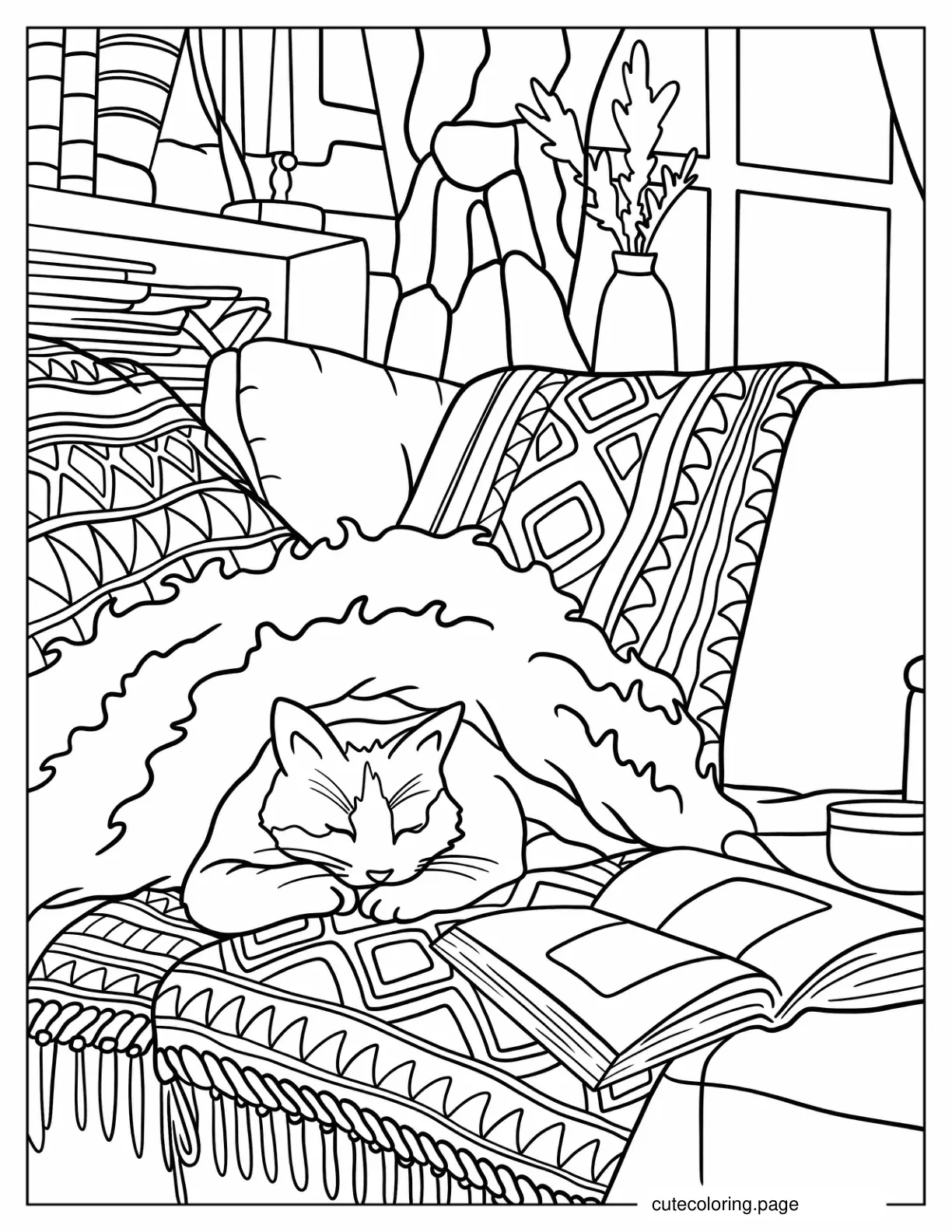 Cat Sleeping On Couch Beside Open Book Cozy Boho Aesthetic Coloring Page coloring page