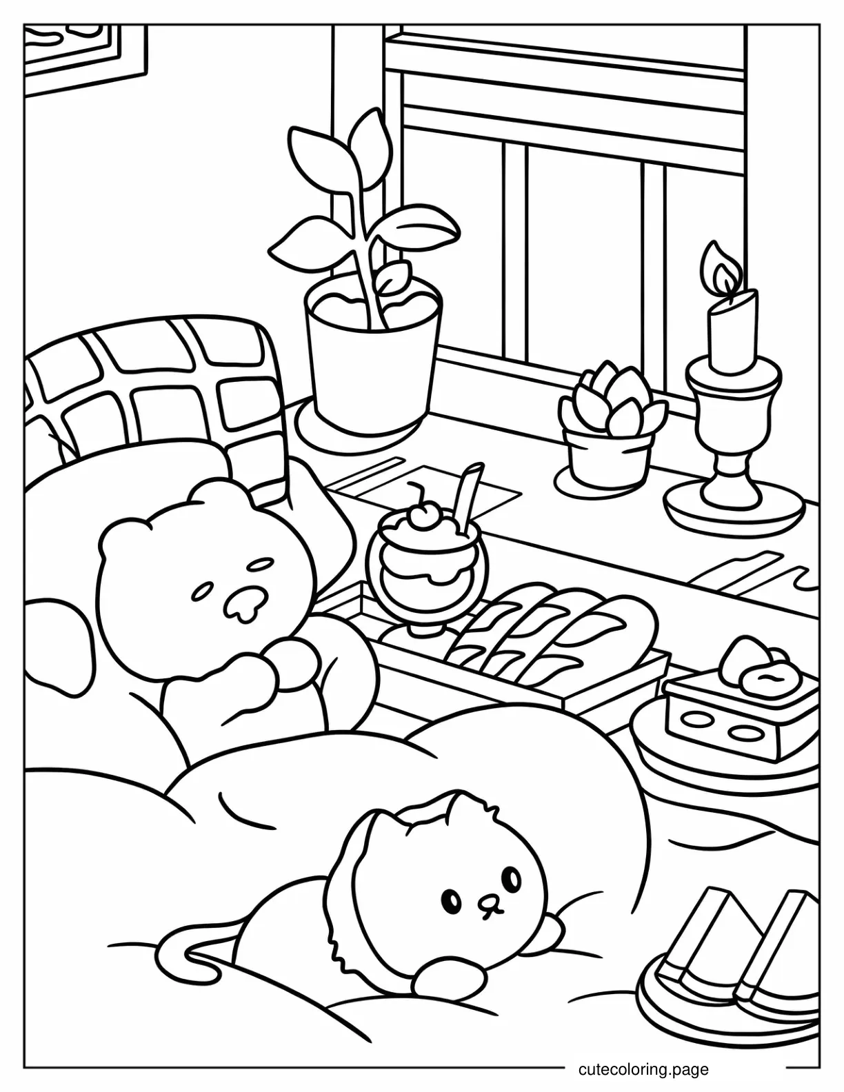 Cute Animals Resting On A Bed With Snacks Cozy Aesthetic Coloring Page For Kids coloring page