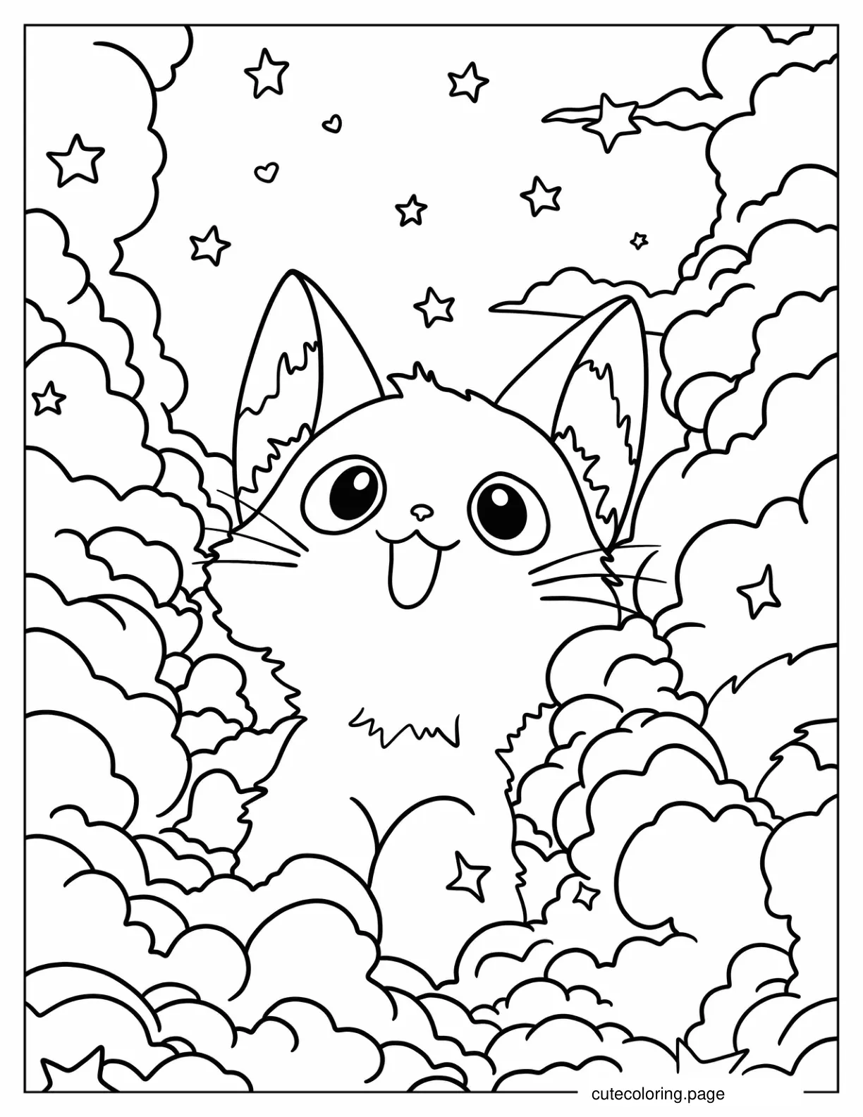 Cute Cat Emerging From Clouds In Starry Night coloring page