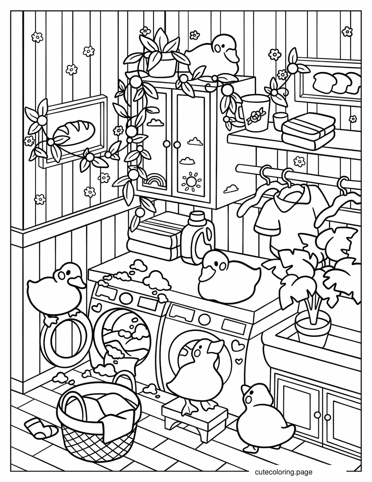 Cute Ducks Doing The Laundry Cute And Cozy Aesthetic Coloring Page For Kids coloring page