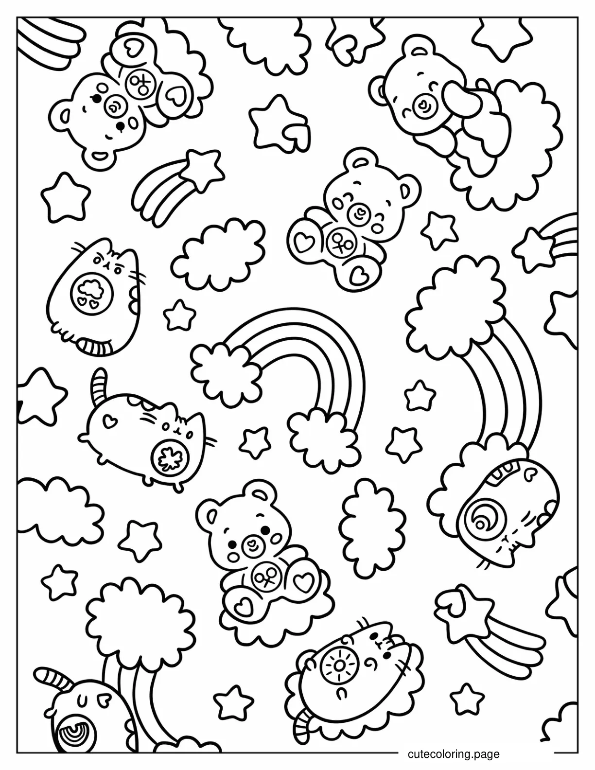 Kawaii Pusheen And Care Bear Aesthetic Coloring Page For Kids coloring page