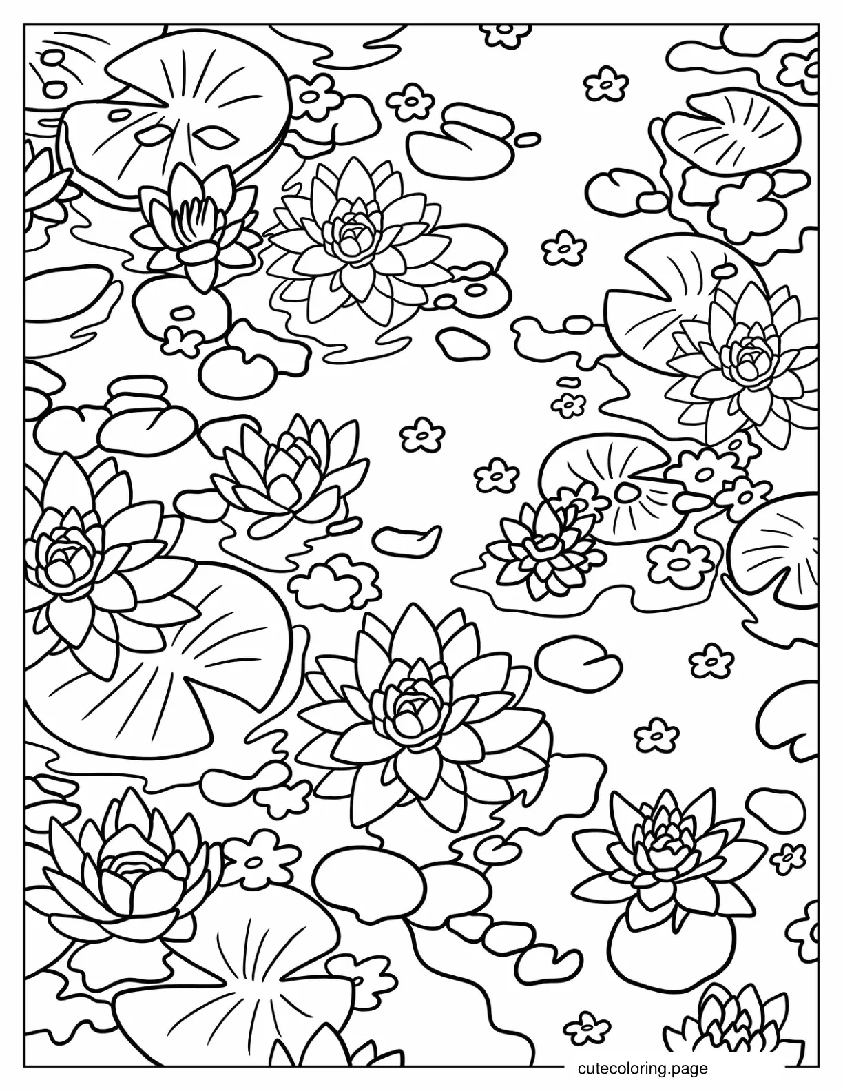 Lotus And Lily Pads In Pond Cozy And Peaceful Aesthetic Coloring Sheet coloring page