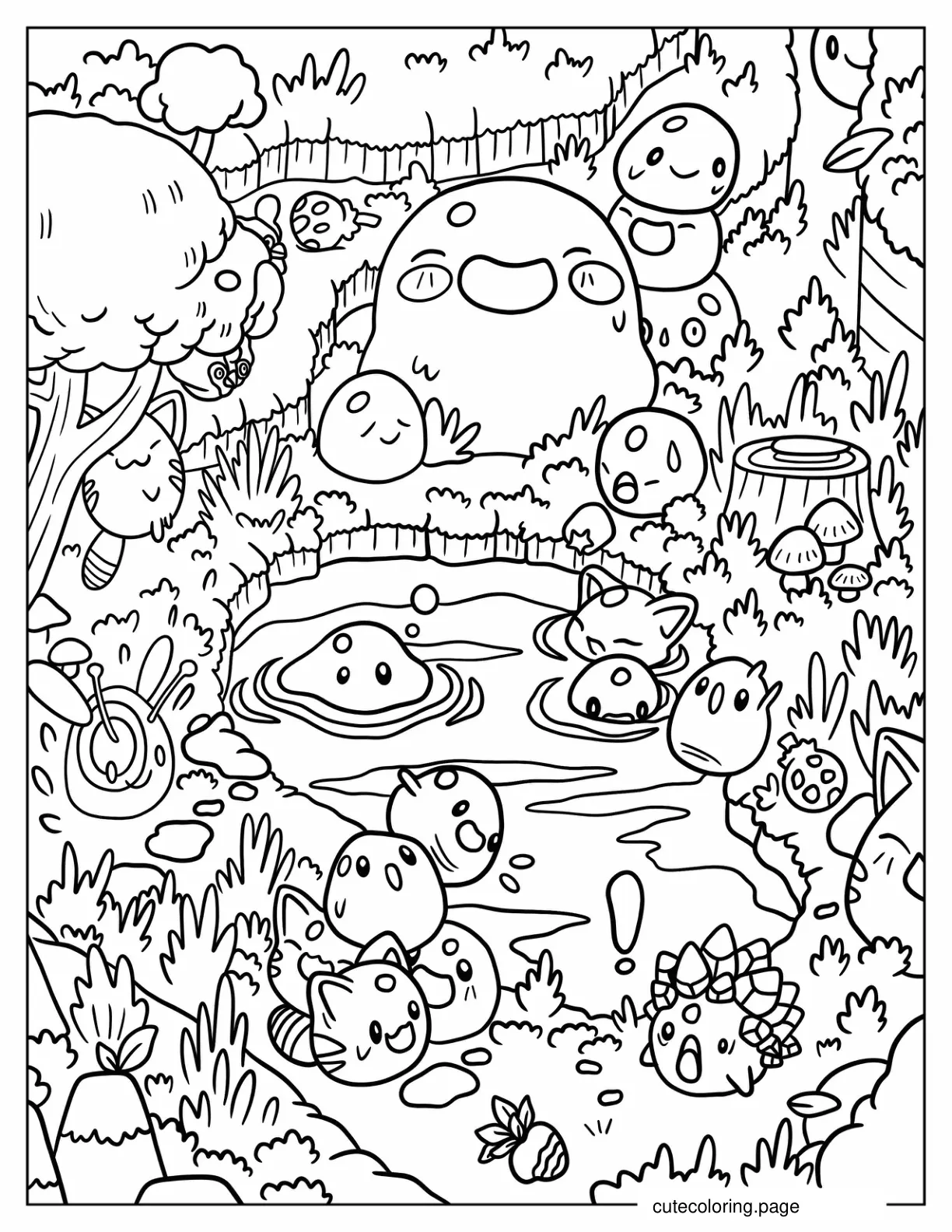 Magical Creatures Bathing In Pond Kawaii Fantasy Aesthetic Coloring Page coloring page