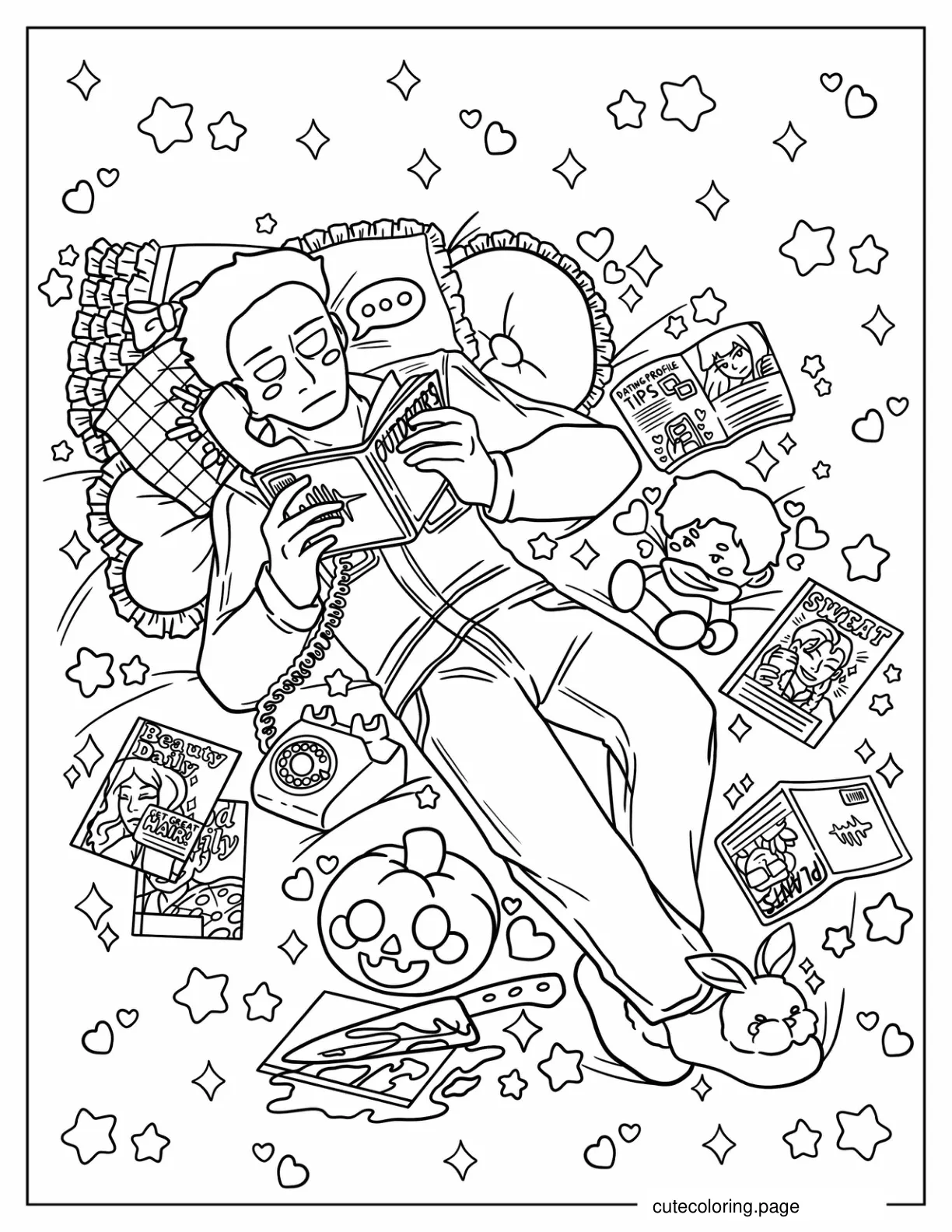 Michael Myers Reading Magazines In Bed Cute Halloween Aesthetic Coloring Page coloring page