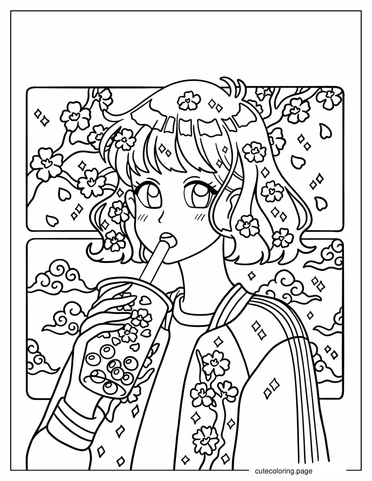 Retro Anime Girl Drinking Boba Tea Aesthetic Coloring Sheet For Kids coloring page