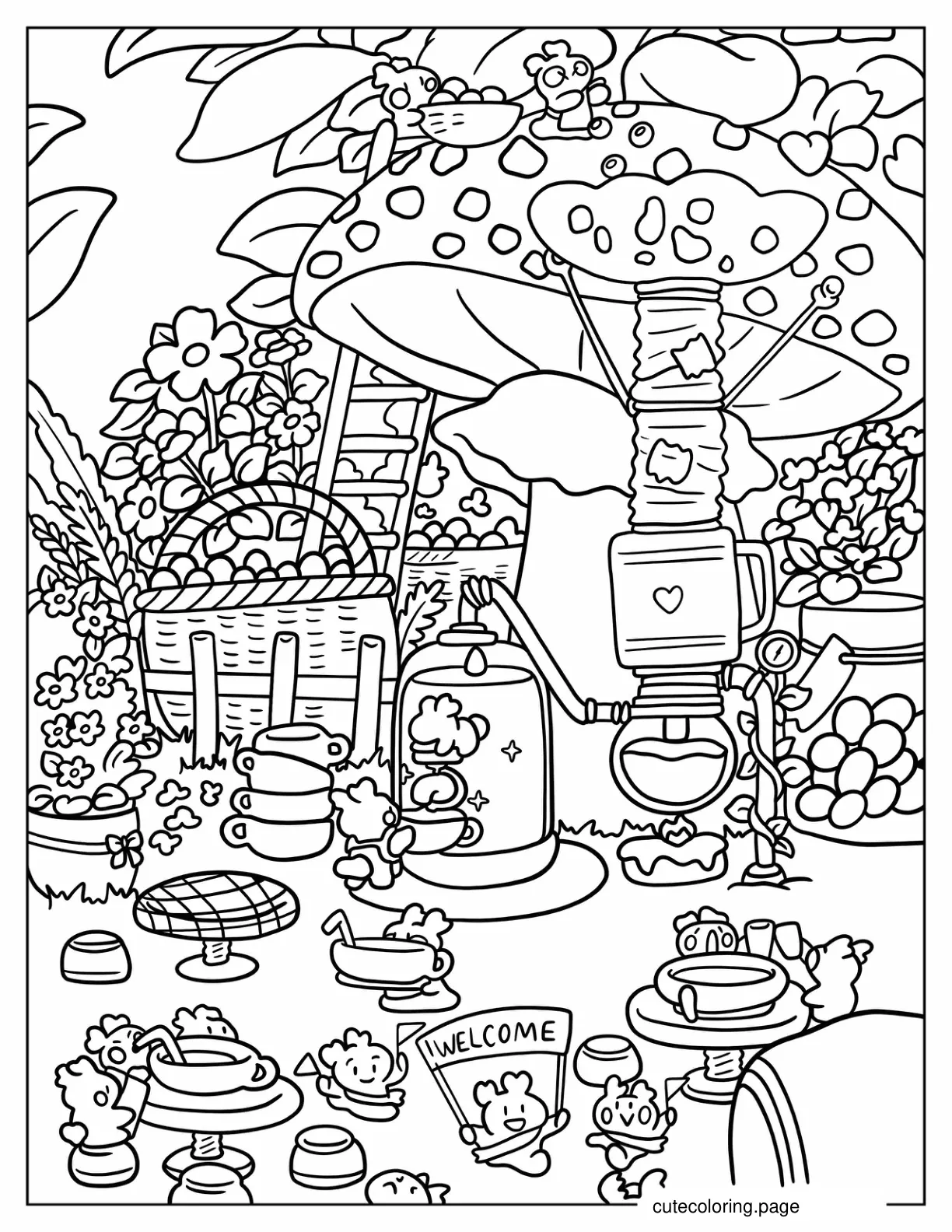 Tiny Creatures Making Fresh Beverage Garden Fantasy Aesthetic Coloring Sheet coloring page