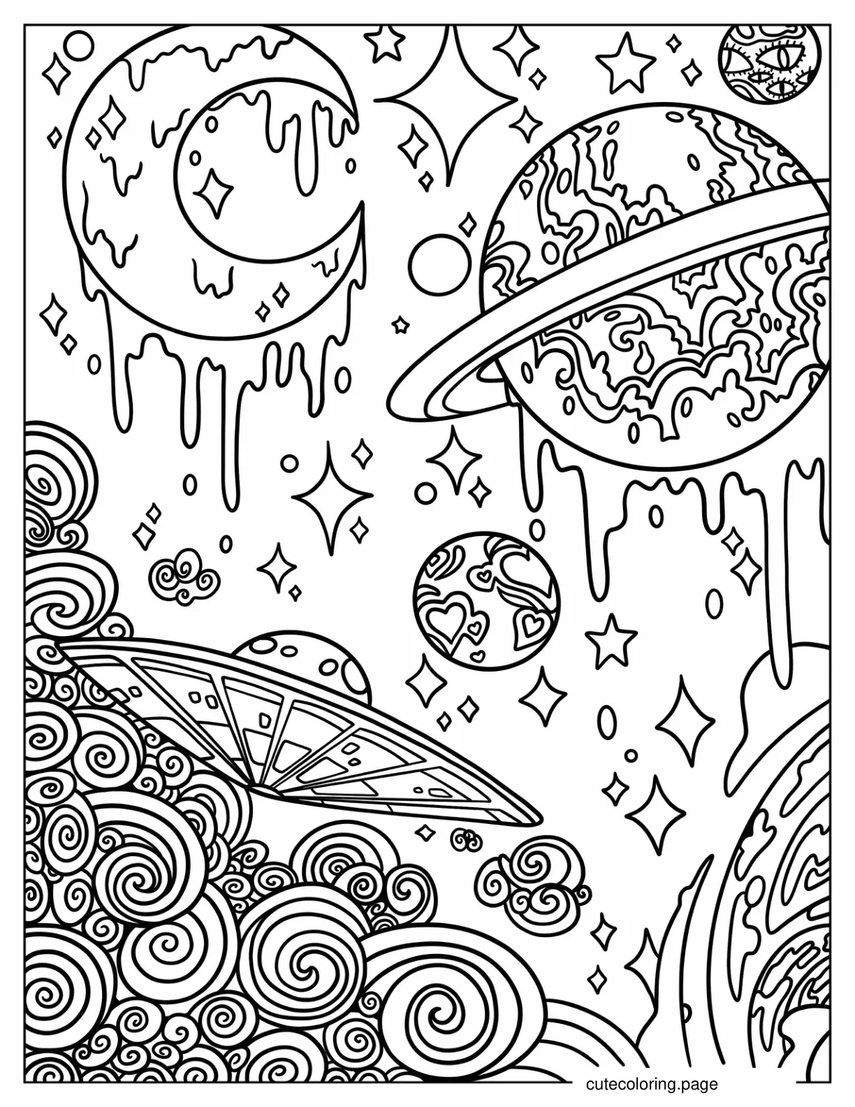 Trippy Solar System With Space Ship And Planets Aesthetic Coloring Page coloring page