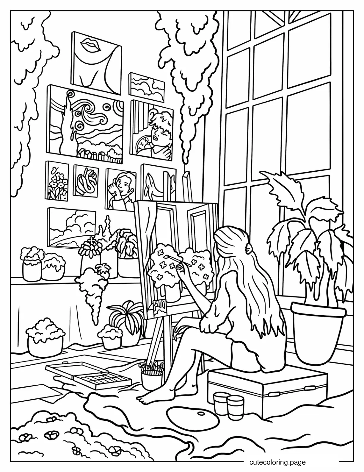 Woman Painting Artistic Boho Aesthetic coloring page