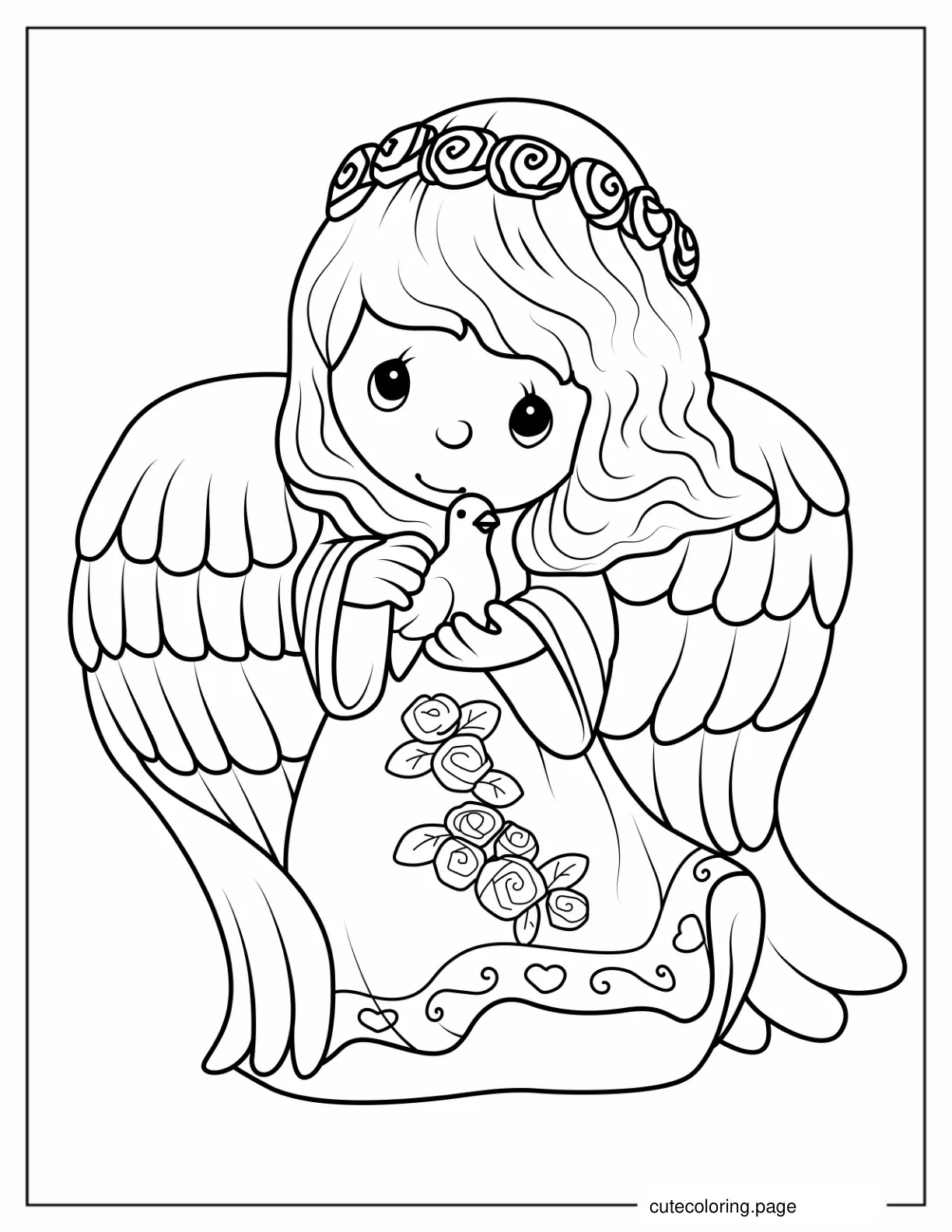 Adorable Angel Girl Holding a Dove To Color coloring page