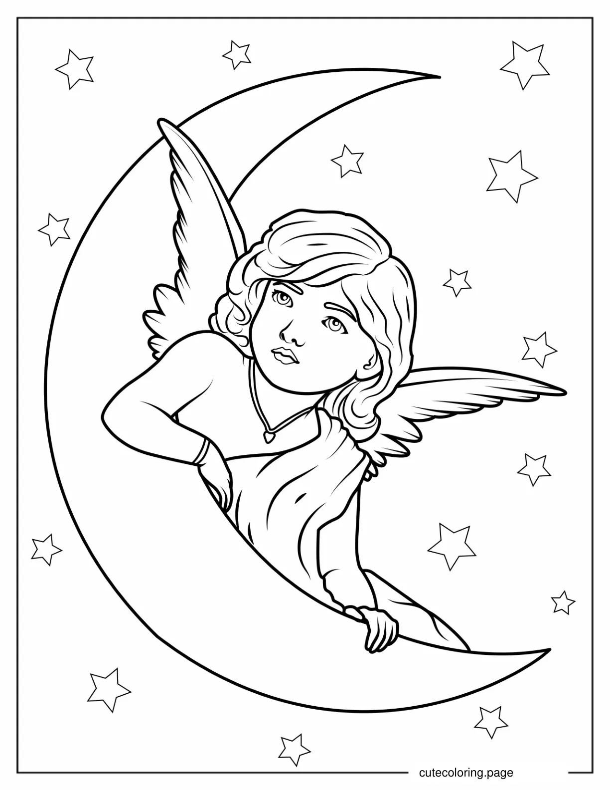 Peaceful Angel Resting On Crescent Moon coloring page