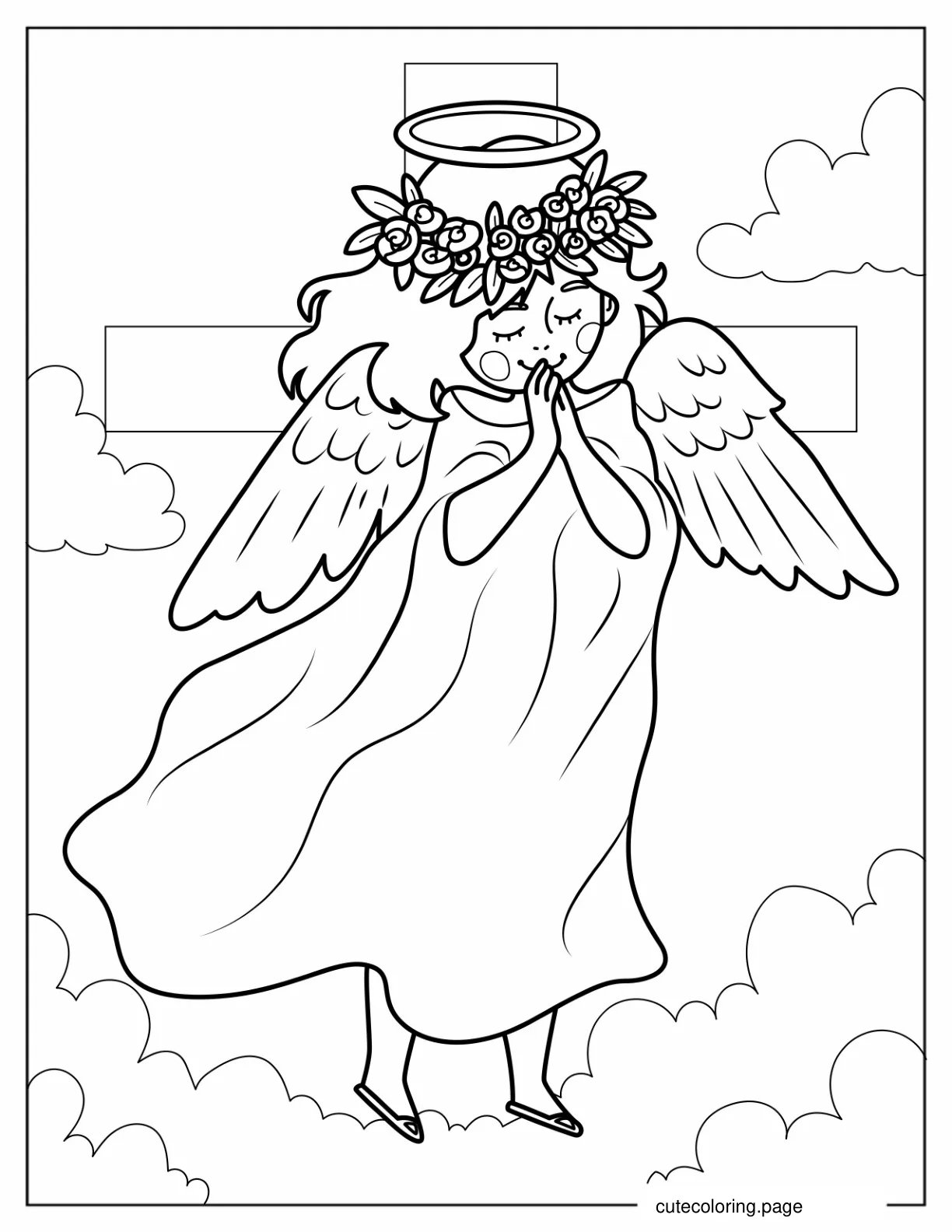 Young Angel Next To Jesus Cross To Color coloring page