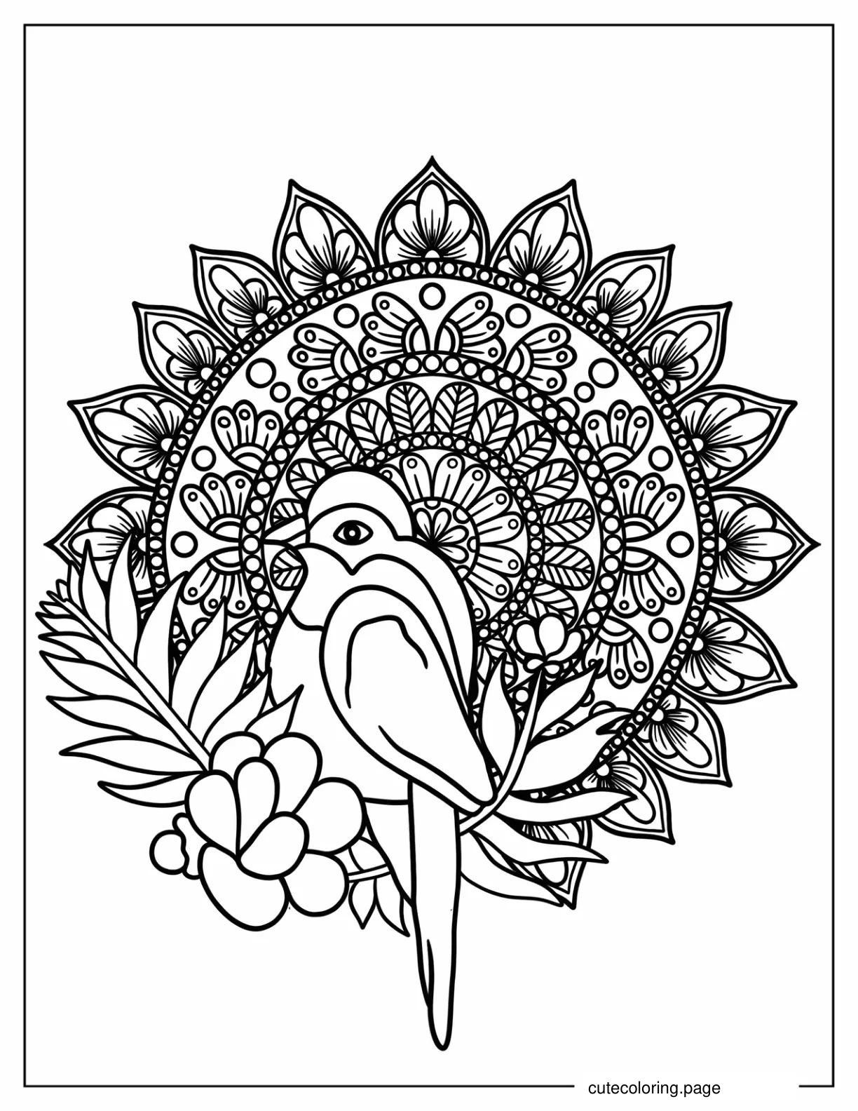 Bird Perched On Branch Mandala coloring page