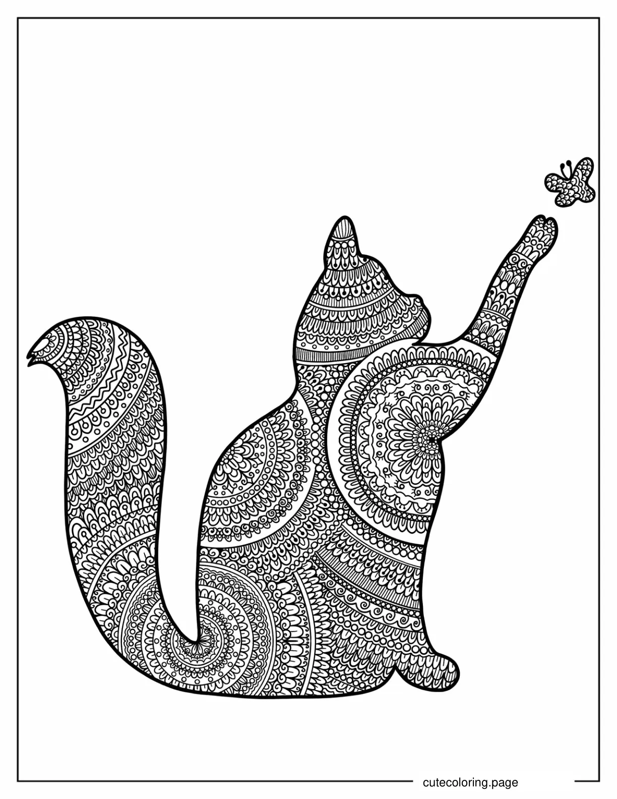 Cat Shaped Mandala Reaching For Butterfly coloring page