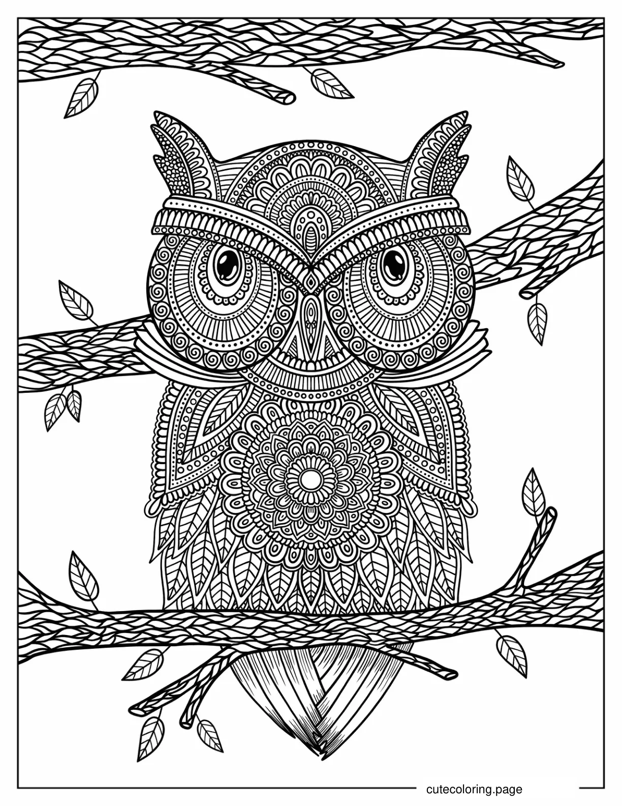 Coloring Sheet Of Owl Mandala Perched On Branch coloring page