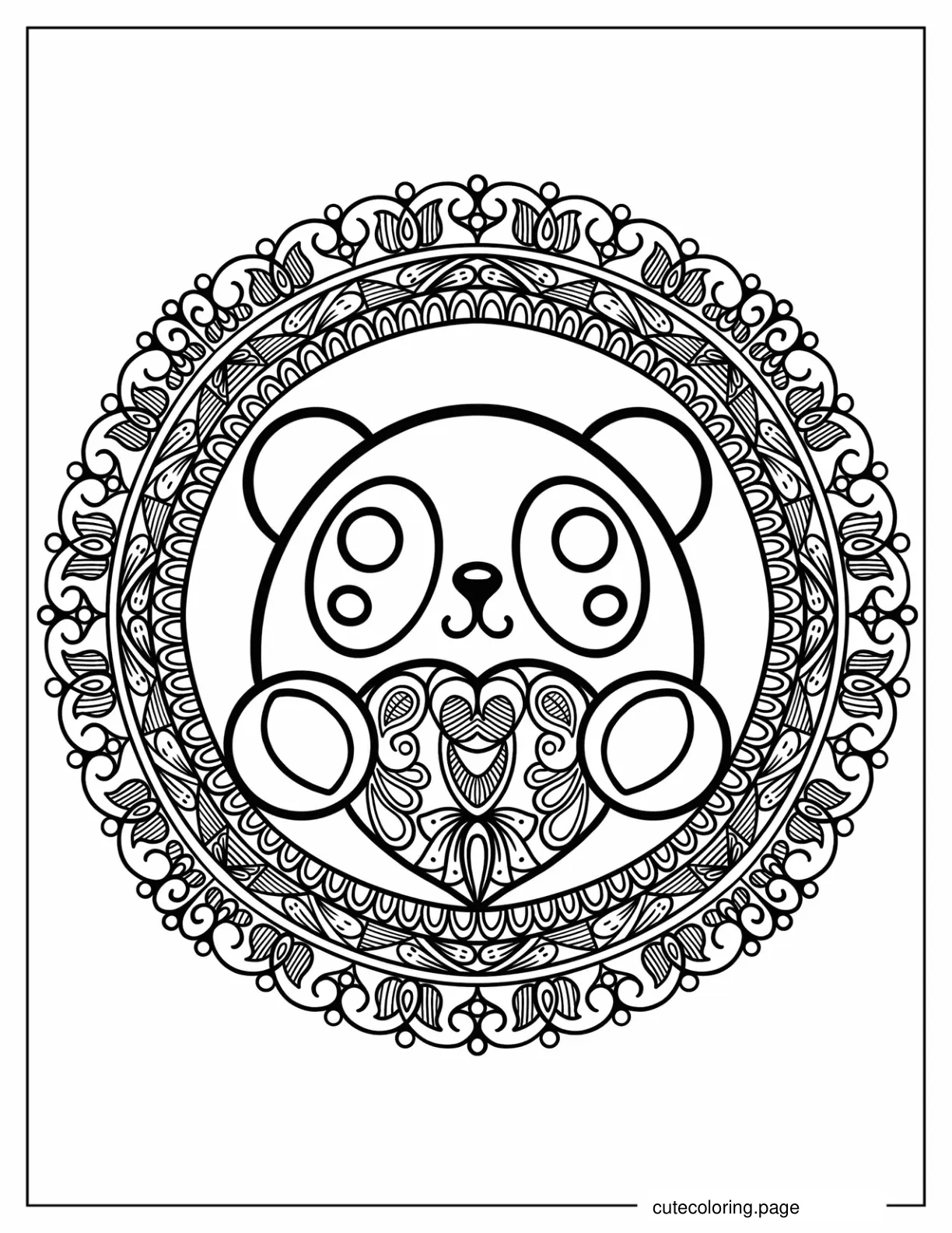 Coloring Sheet Of Panda Holding Heart Inside Mandala coloring page