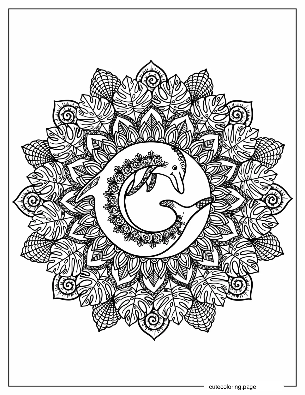 Dolphin Inside Leaves Mandala Coloring Sheet coloring page