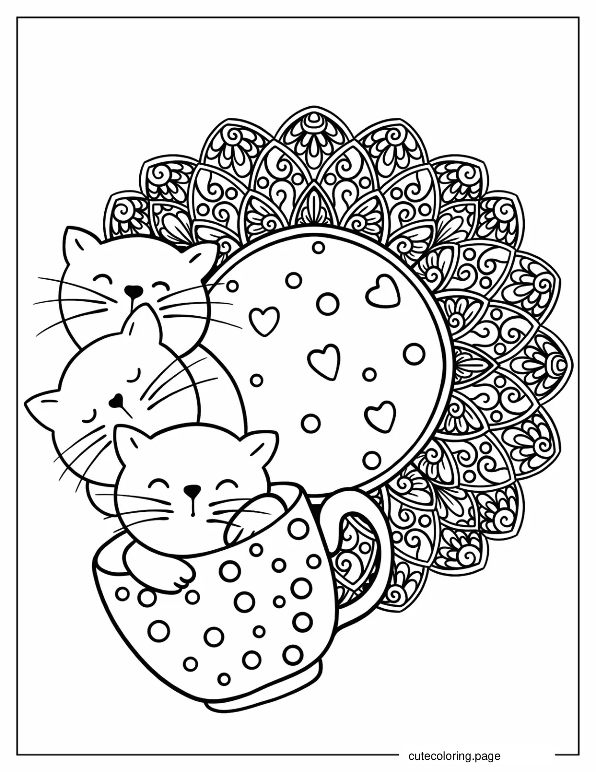 Three Kittens In A Teacup Mandala Coloring Page coloring page