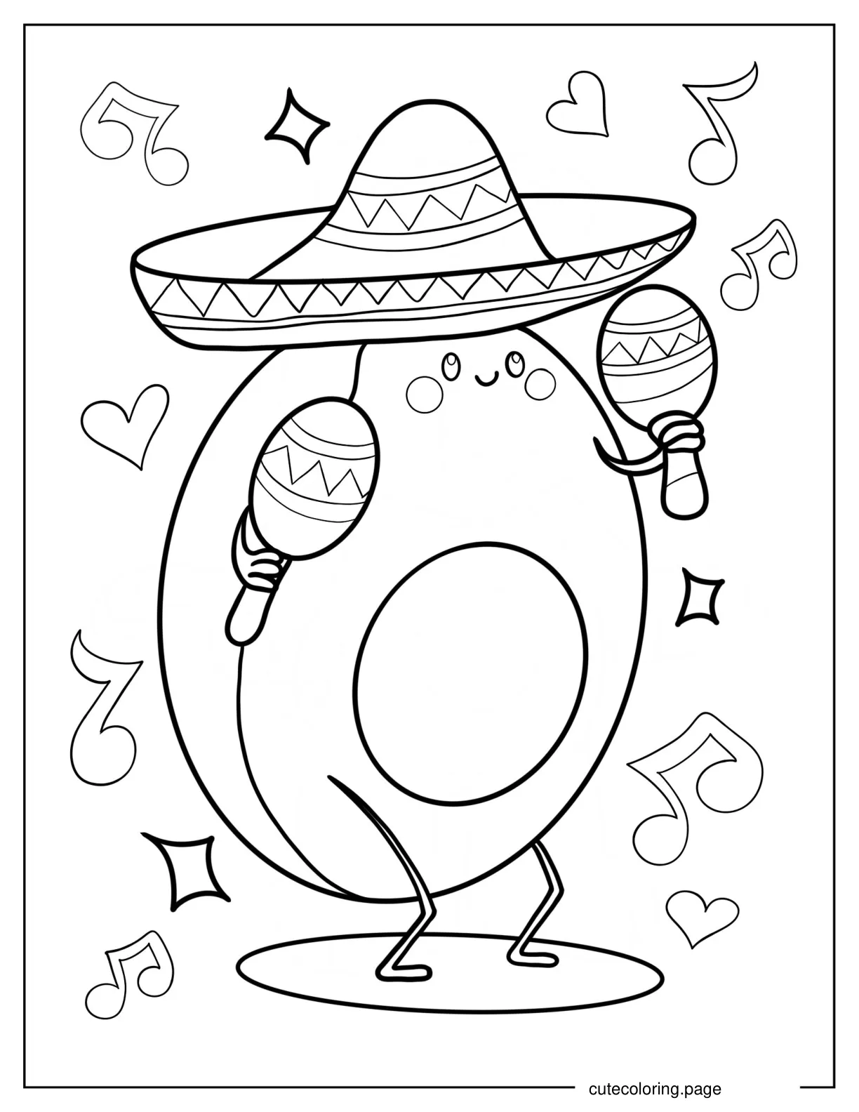 Avocado Wearing Sombrero And Holding Maracas coloring page