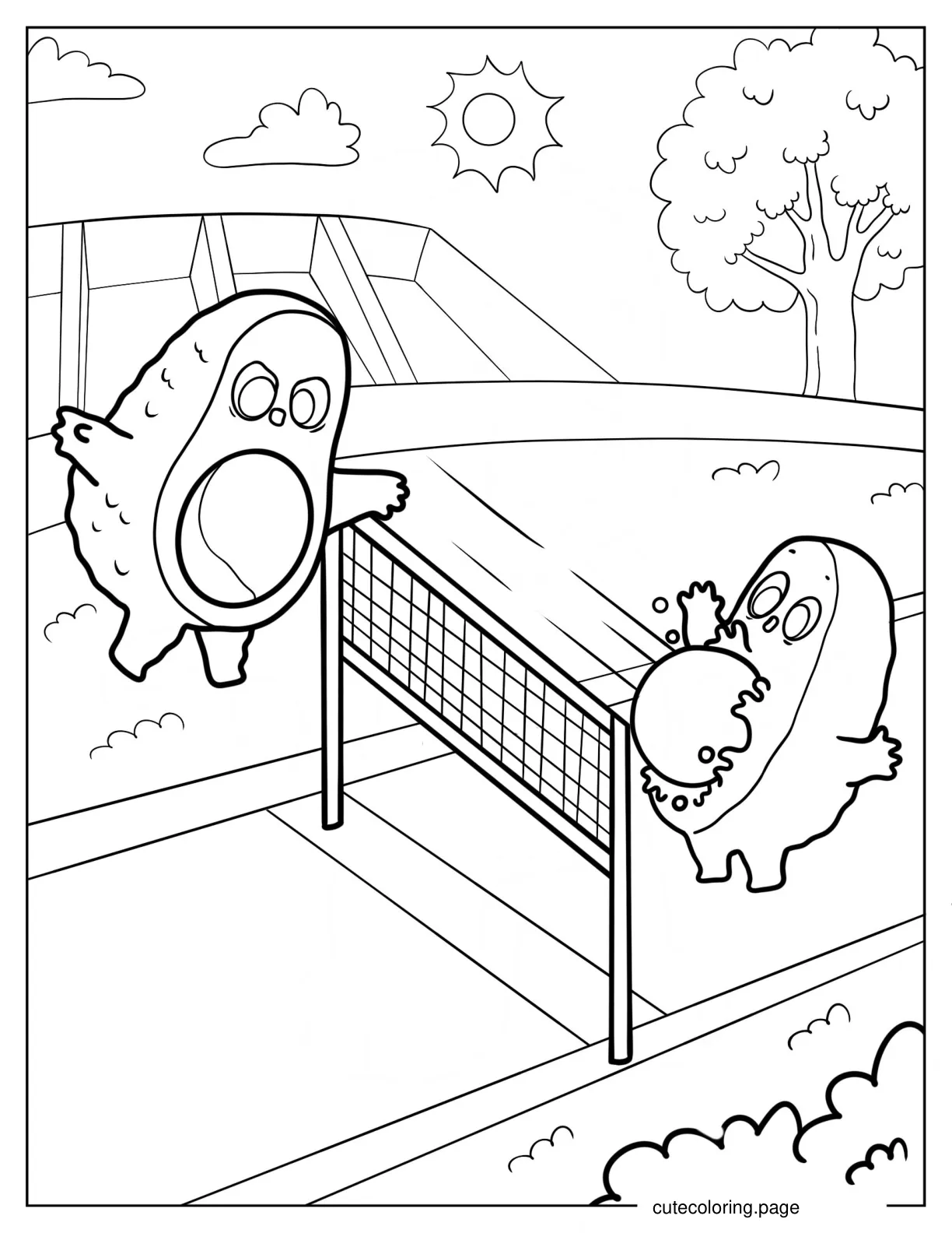 Cartoon Avocados Playing Volleyball Coloring Page For Kids coloring page