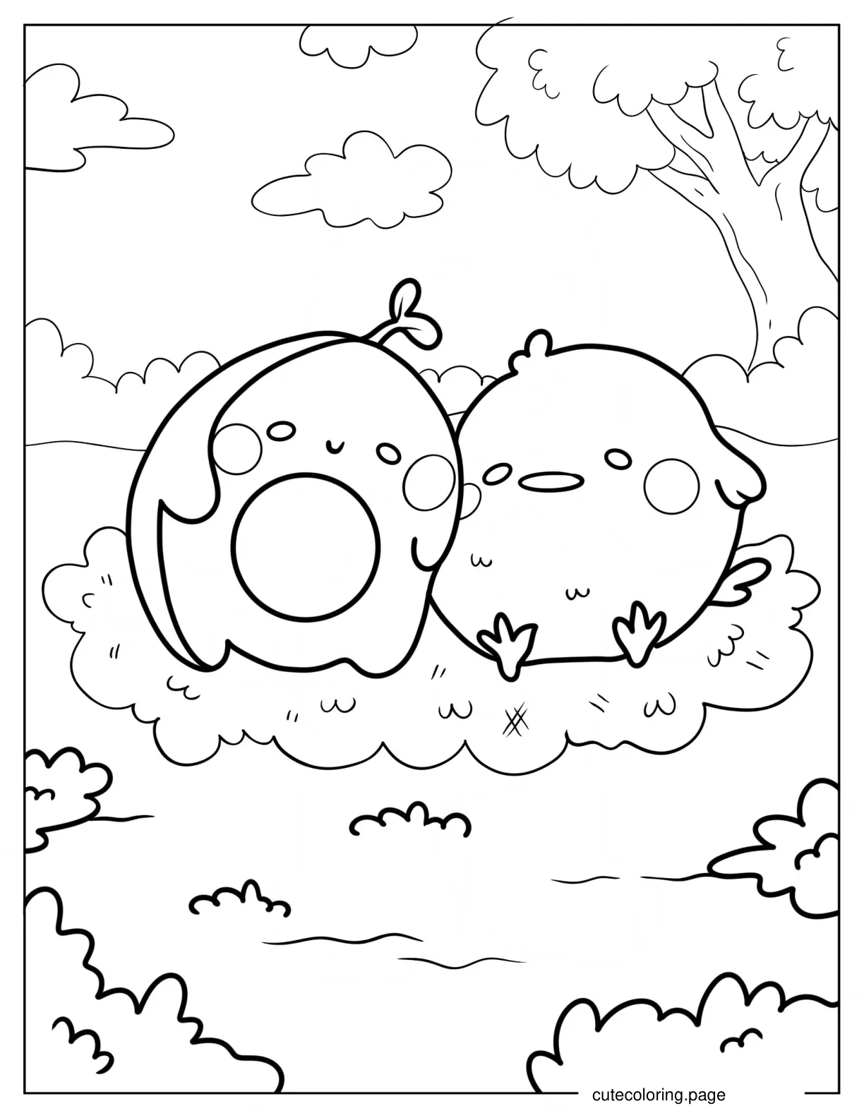 Cute Avocado Sitting Beside Gudetama Coloring Page coloring page