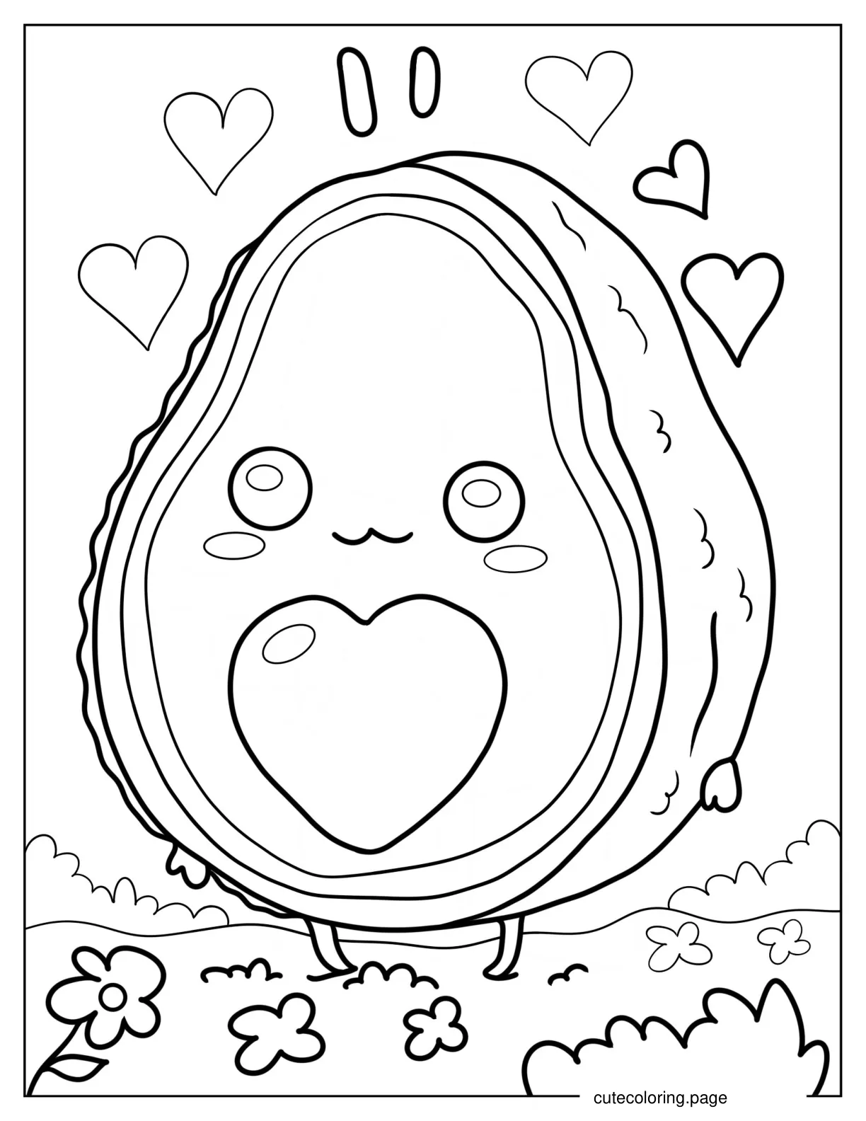 Kawaii Avocado With Hearts Coloring Sheet For Preschoolers coloring page