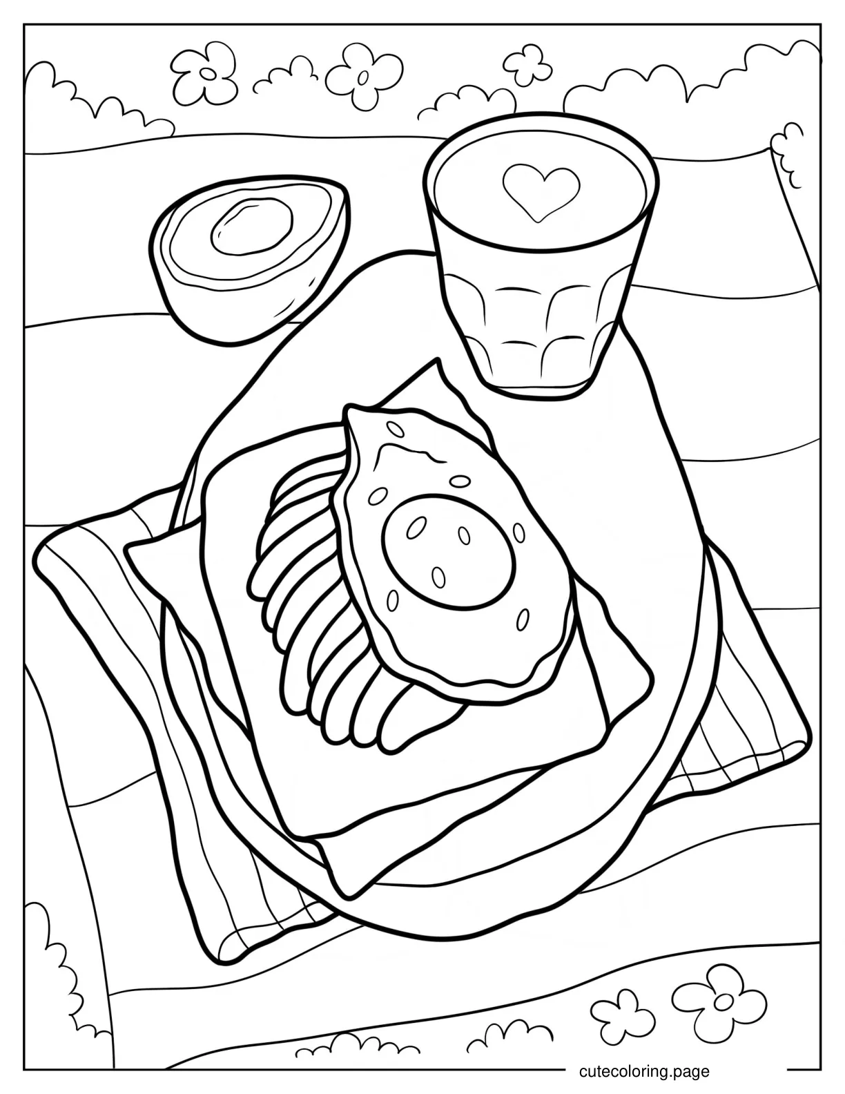 Realistic Avocado Toast With Egg And Avocado Shake coloring page