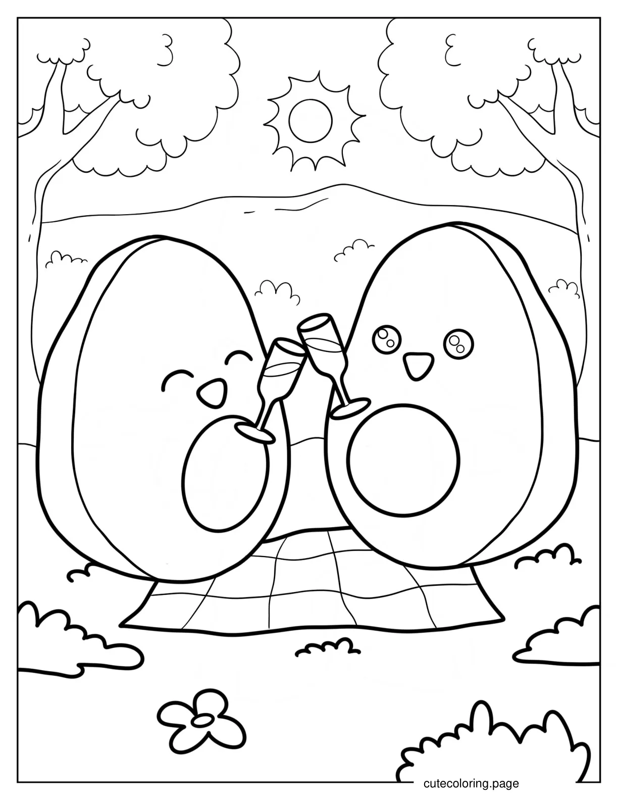 Two Avocados On Romantic Picnic Coloring Sheet For Kids coloring page