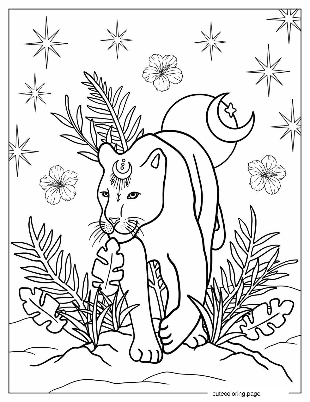 Boho Black Jaguar With Crescent Moon On Forehead And Plants Coloring Sheet coloring page