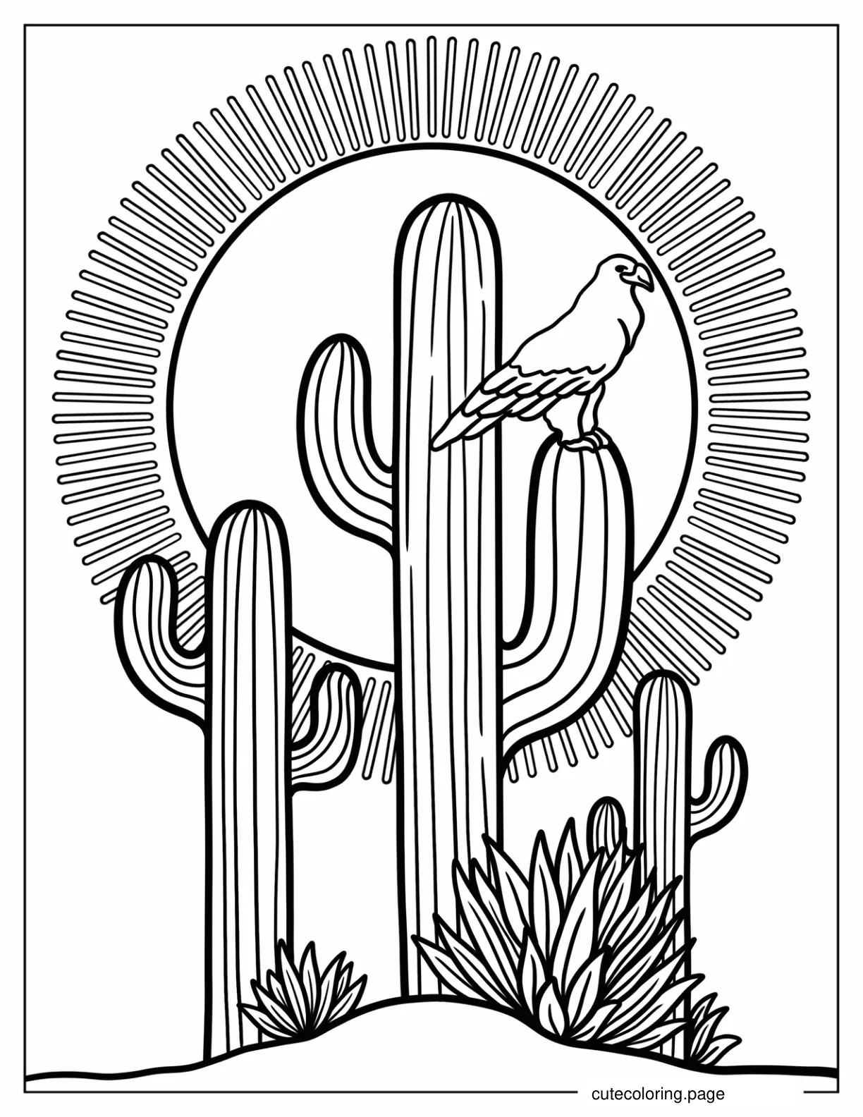 Boho Cactus Sun And Bird Coloring Sheet coloring page