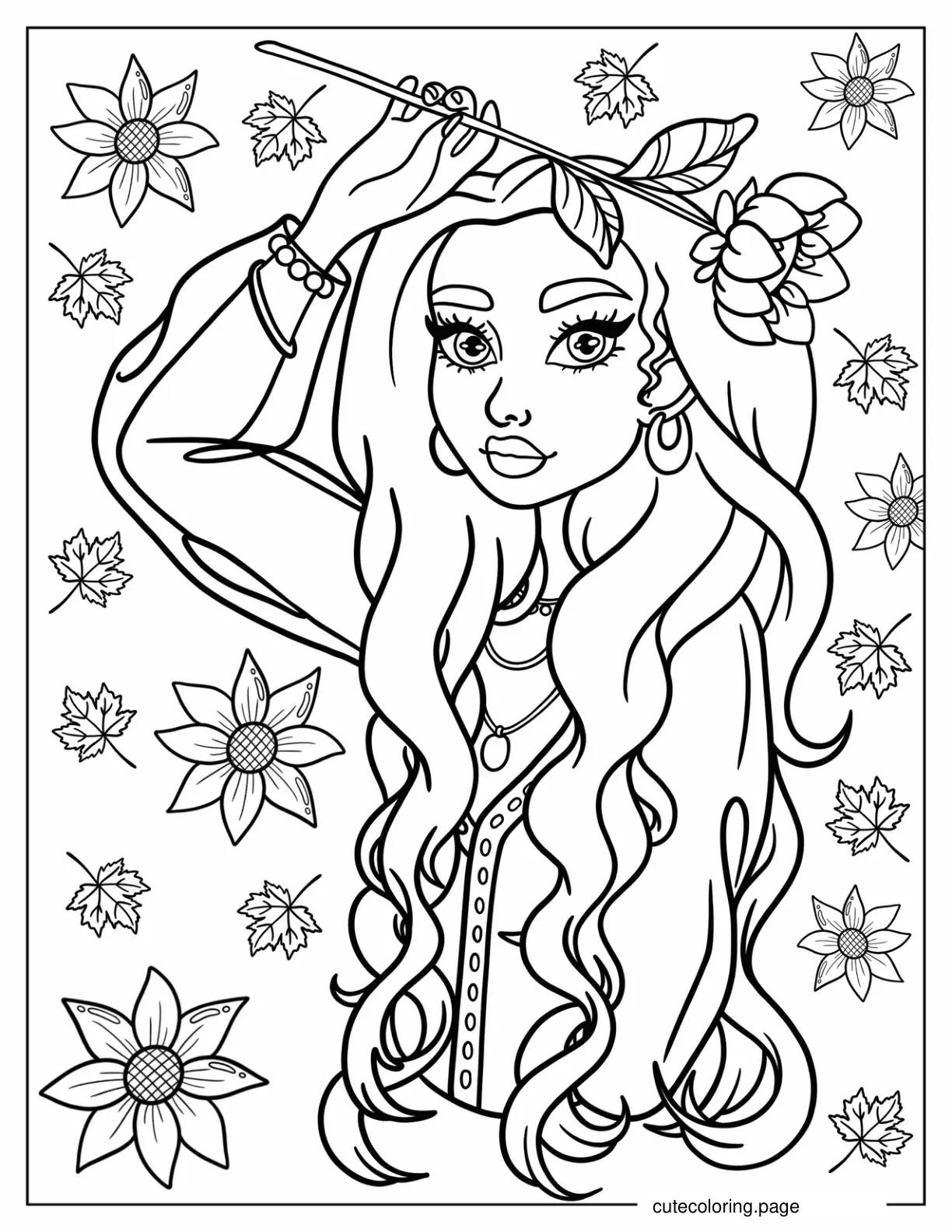 Boho Cartoon Girl Holding Flower Coloring Sheet coloring page