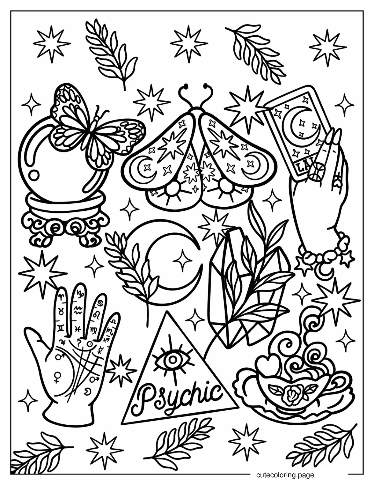 Boho Elements With Tarot Cards Moons And Palm Reading Coloring Page coloring page