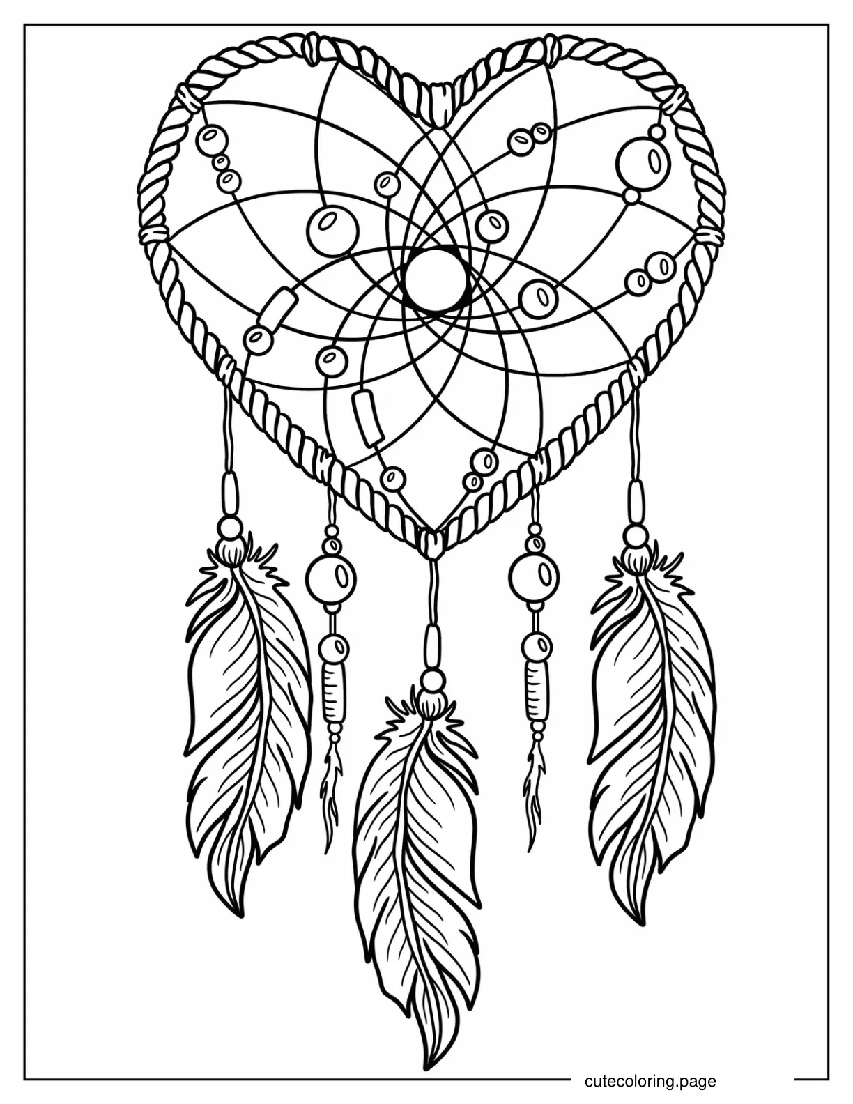 Boho Heart Dreamcatcher With Feathers Coloring Sheet coloring page