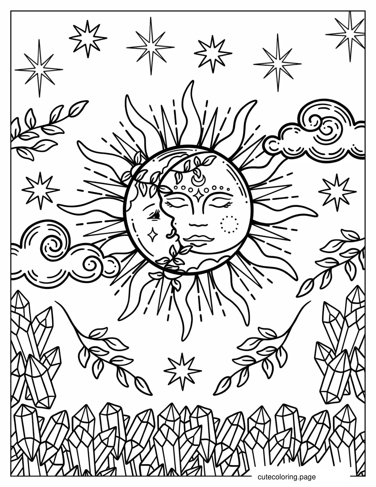 Boho Moon And Sun With Crystals coloring page