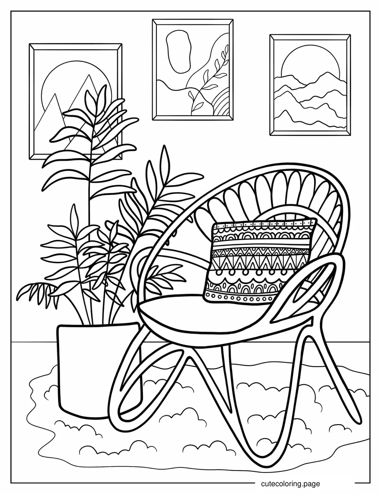 Boho Nook With House Plant Chair And Arworks Coloring Sheet coloring page