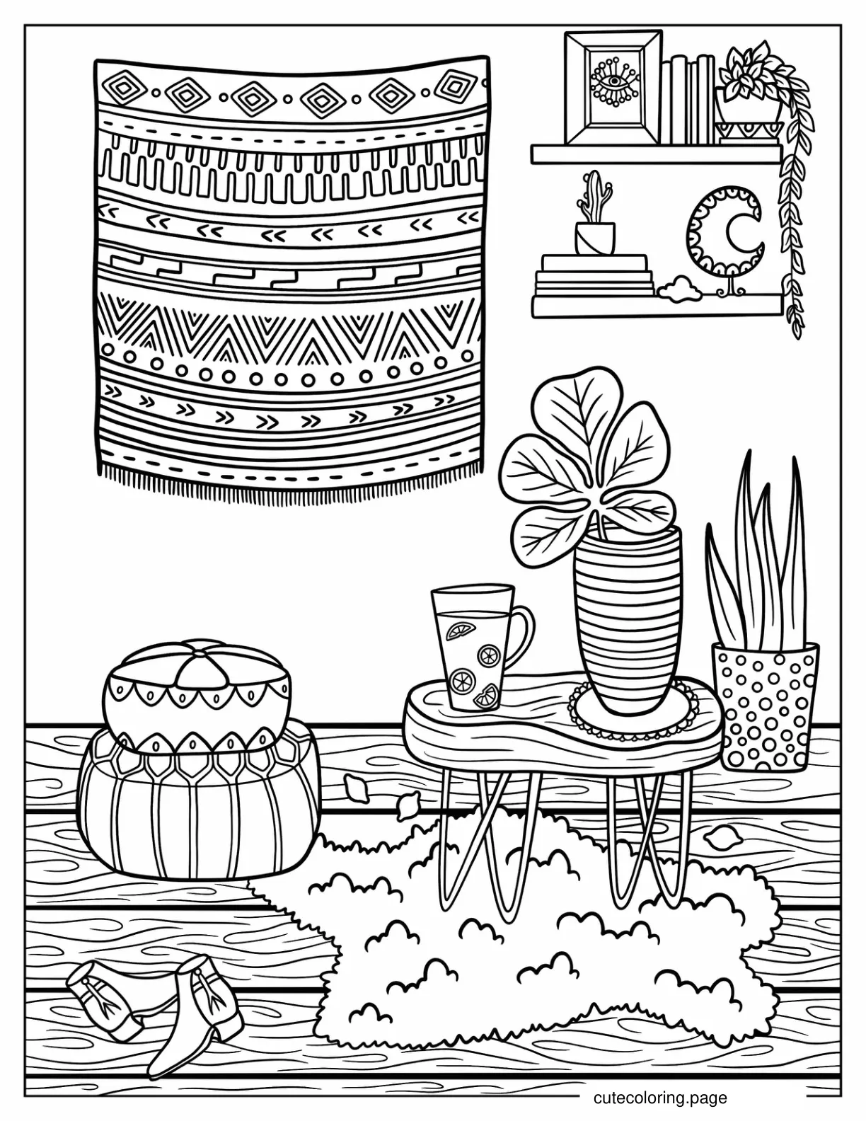 Boho Nook With Tapestry And Plants Coloring Sheet coloring page